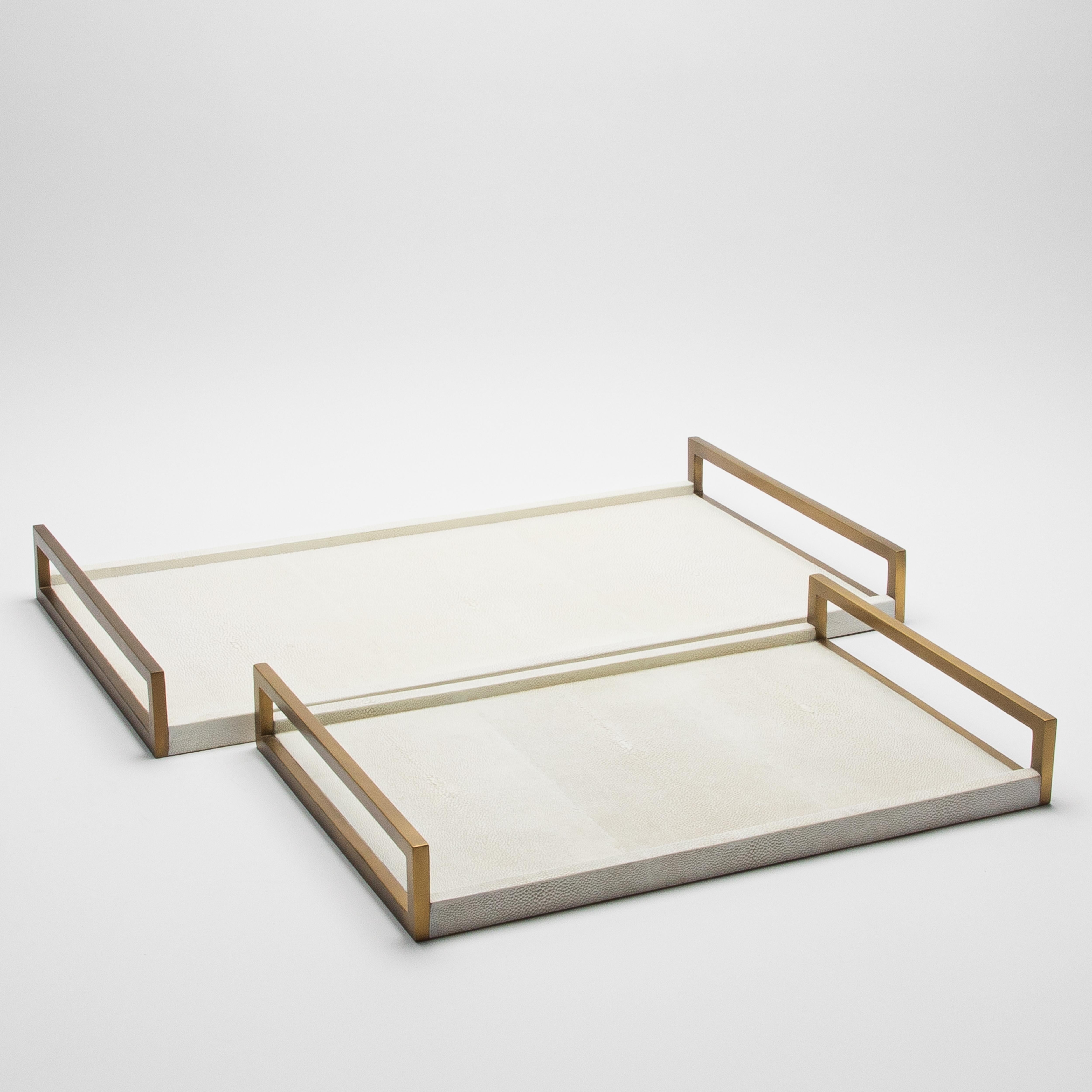 Rectangular Tray in Natural Cream Shagreen Bronze Patina Brass by R&Y Augousti For Sale 4