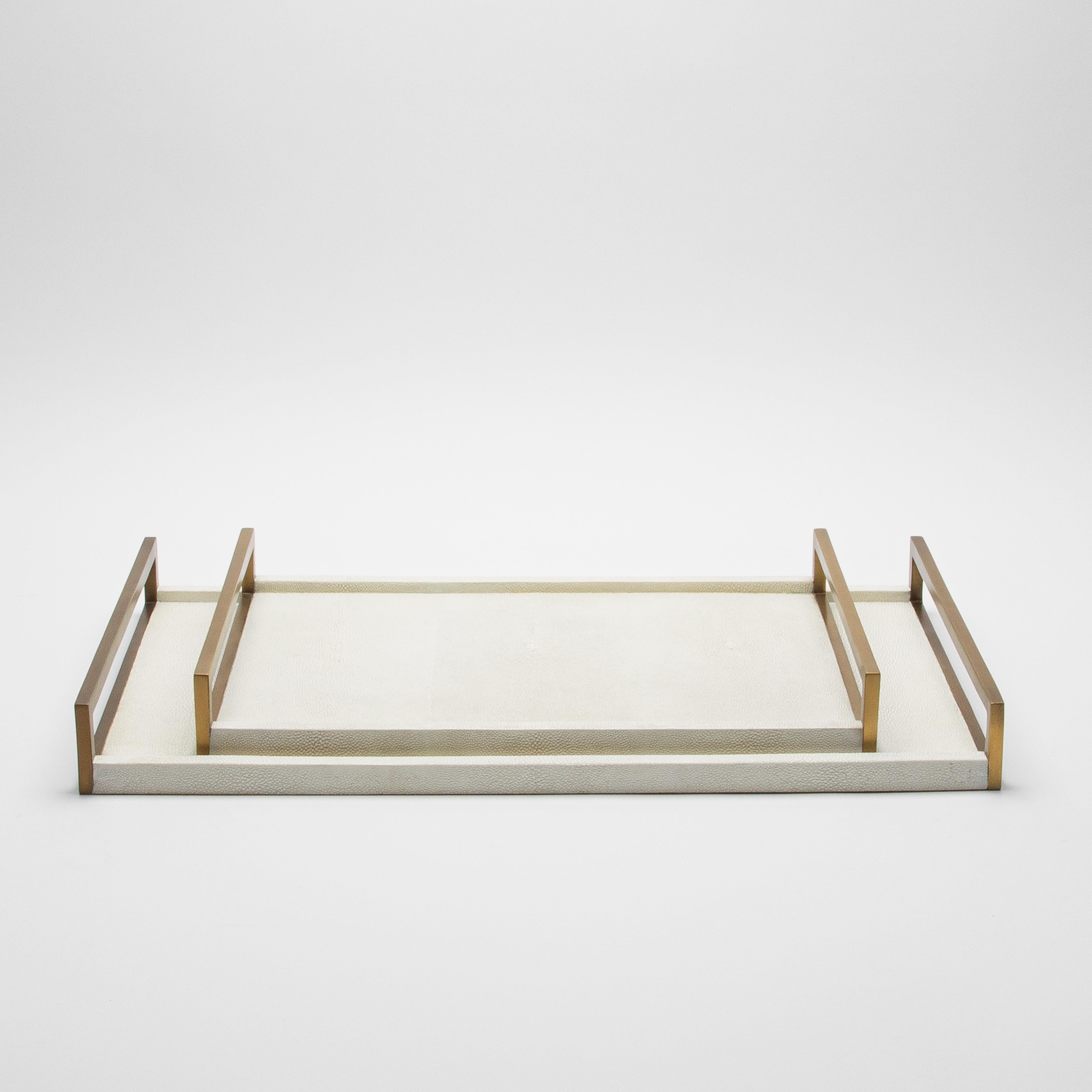 Rectangular Tray in Natural Cream Shagreen Bronze Patina Brass by R&Y Augousti For Sale 5
