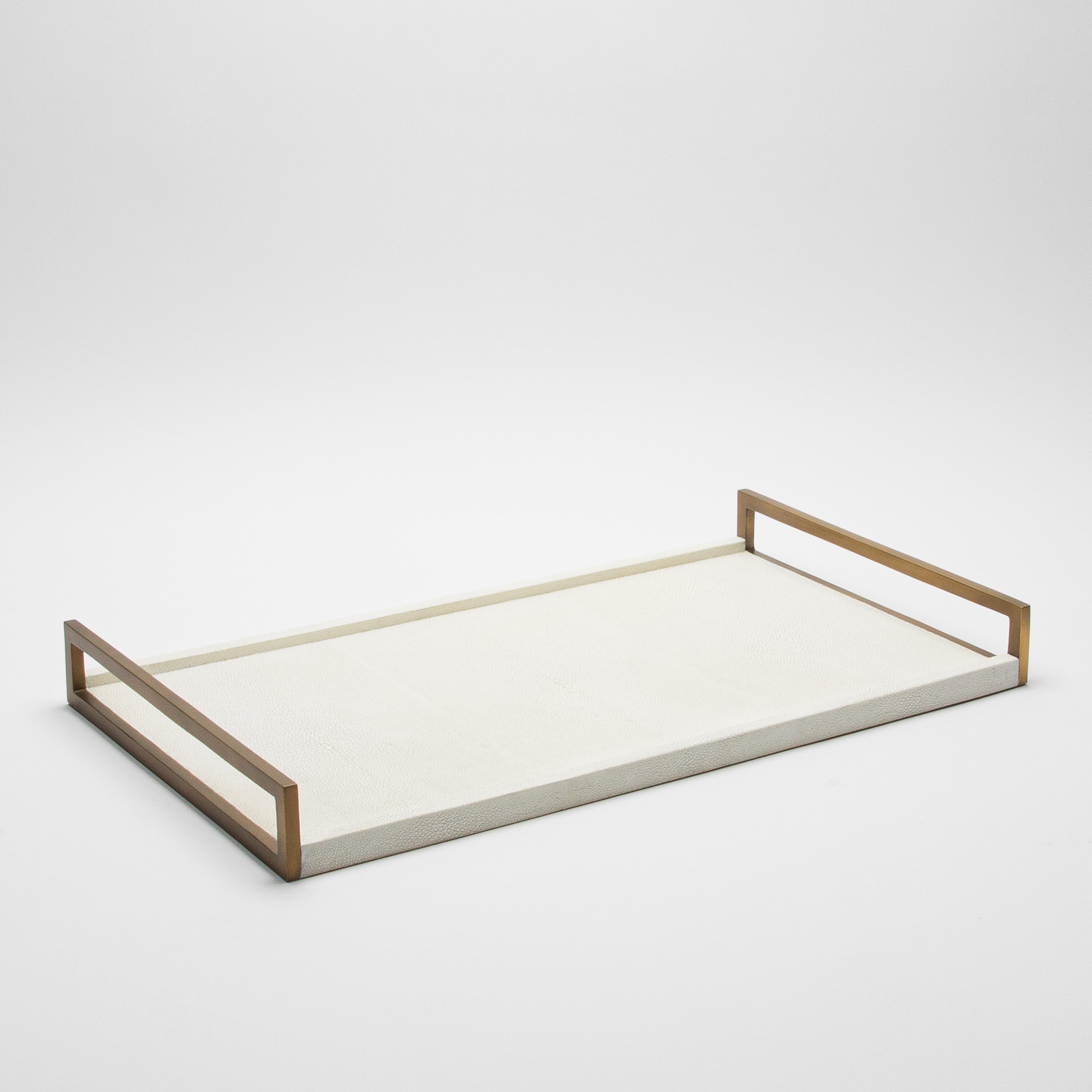 Art Deco Rectangular Tray in Natural Cream Shagreen Bronze Patina Brass by R&Y Augousti For Sale
