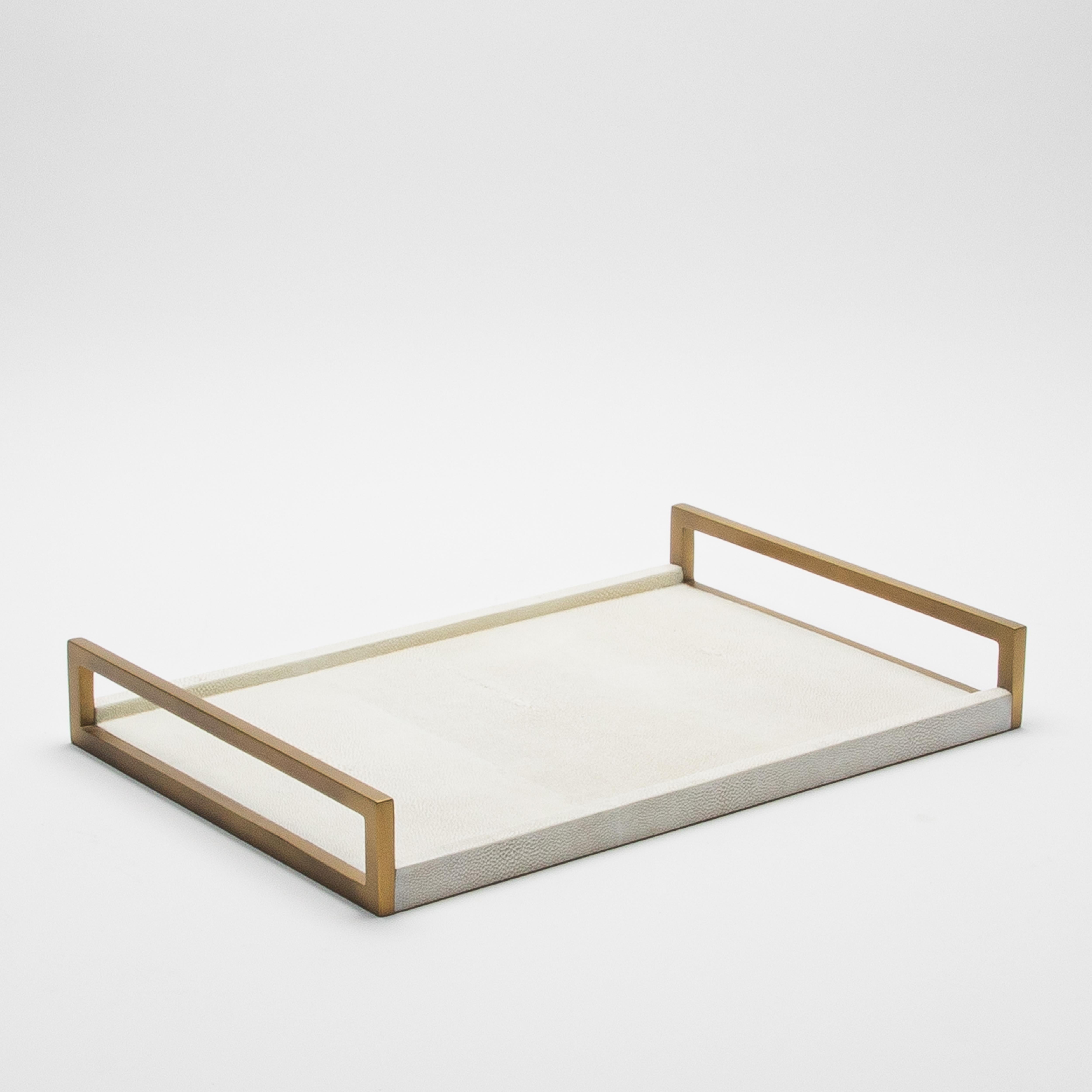 Art Deco Rectangular Tray in Natural Cream Shagreen Bronze Patina Brass by R&Y Augousti For Sale