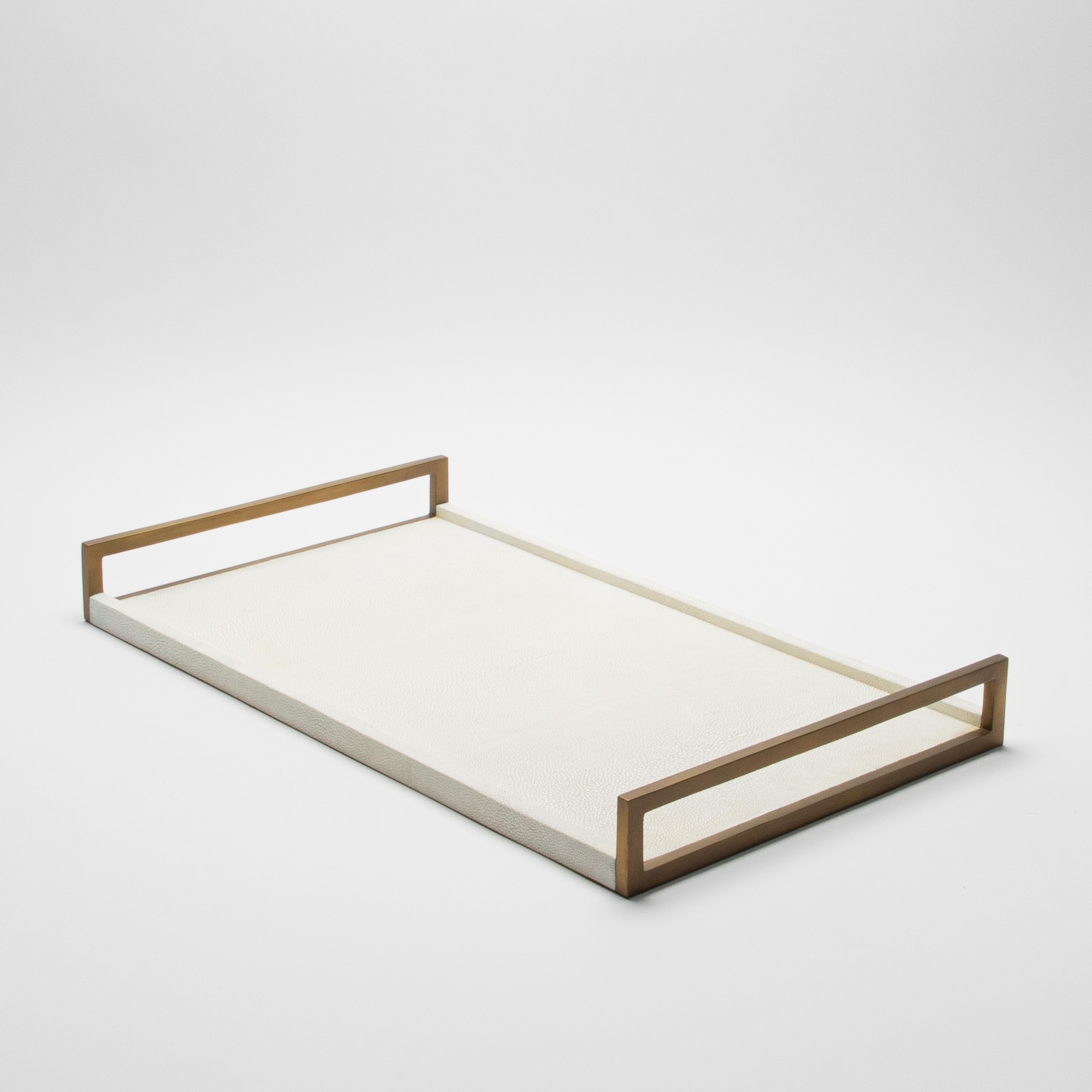 Hand-Crafted Rectangular Tray in Natural Cream Shagreen Bronze Patina Brass by R&Y Augousti For Sale
