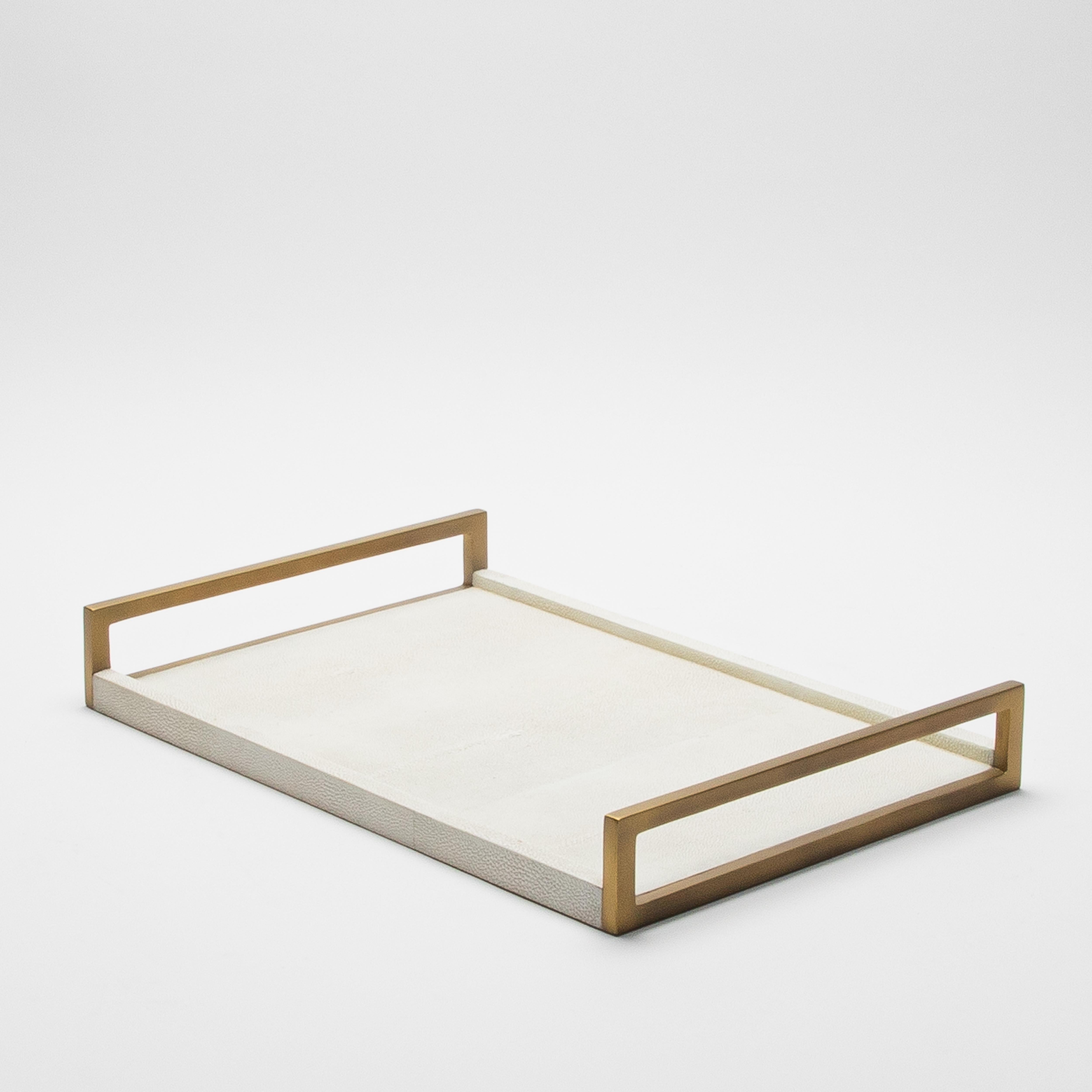 Hand-Crafted Rectangular Tray in Natural Cream Shagreen Bronze Patina Brass by R&Y Augousti For Sale
