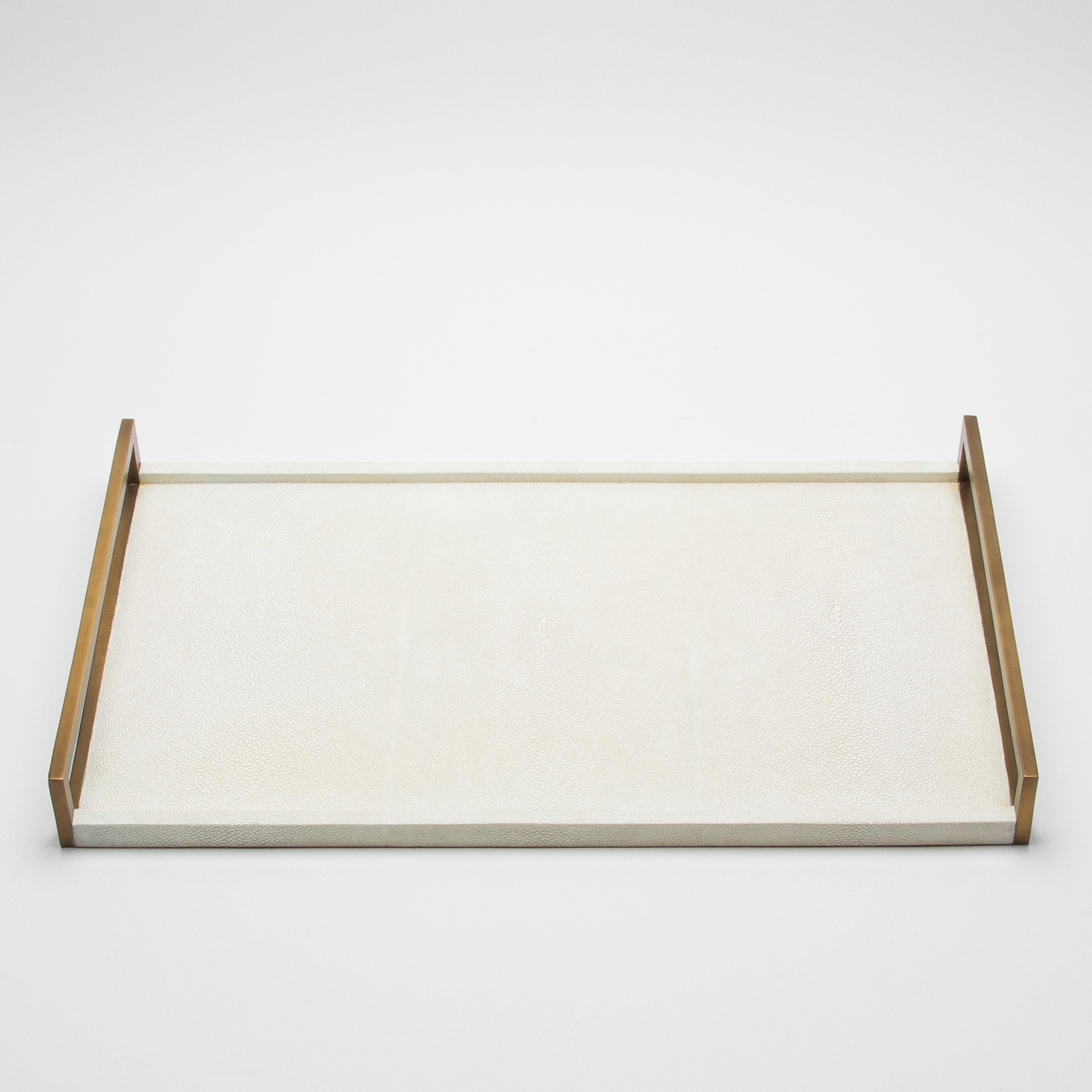 Contemporary Rectangular Tray in Natural Cream Shagreen Bronze Patina Brass by R&Y Augousti For Sale