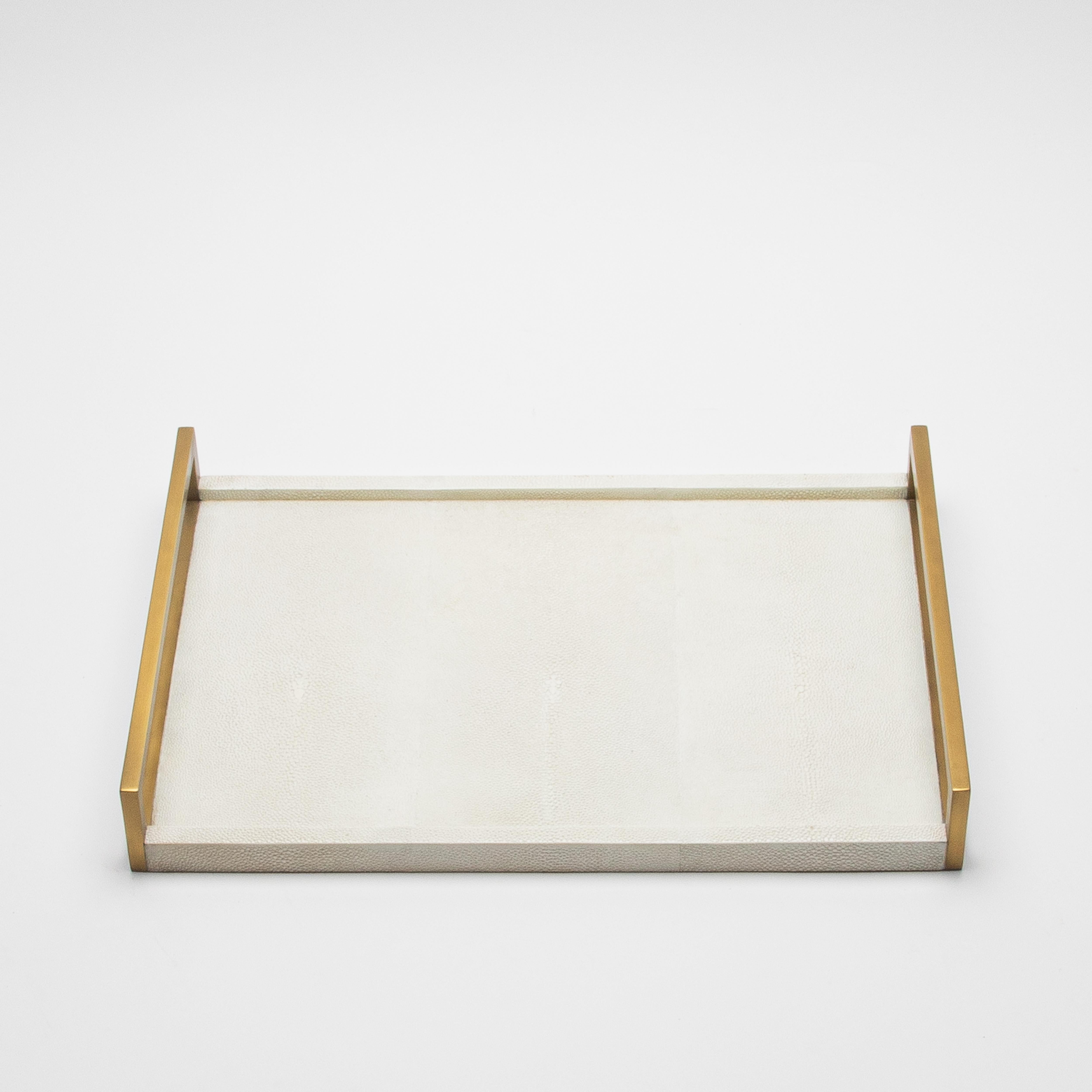Contemporary Rectangular Tray in Natural Cream Shagreen Bronze Patina Brass by R&Y Augousti For Sale