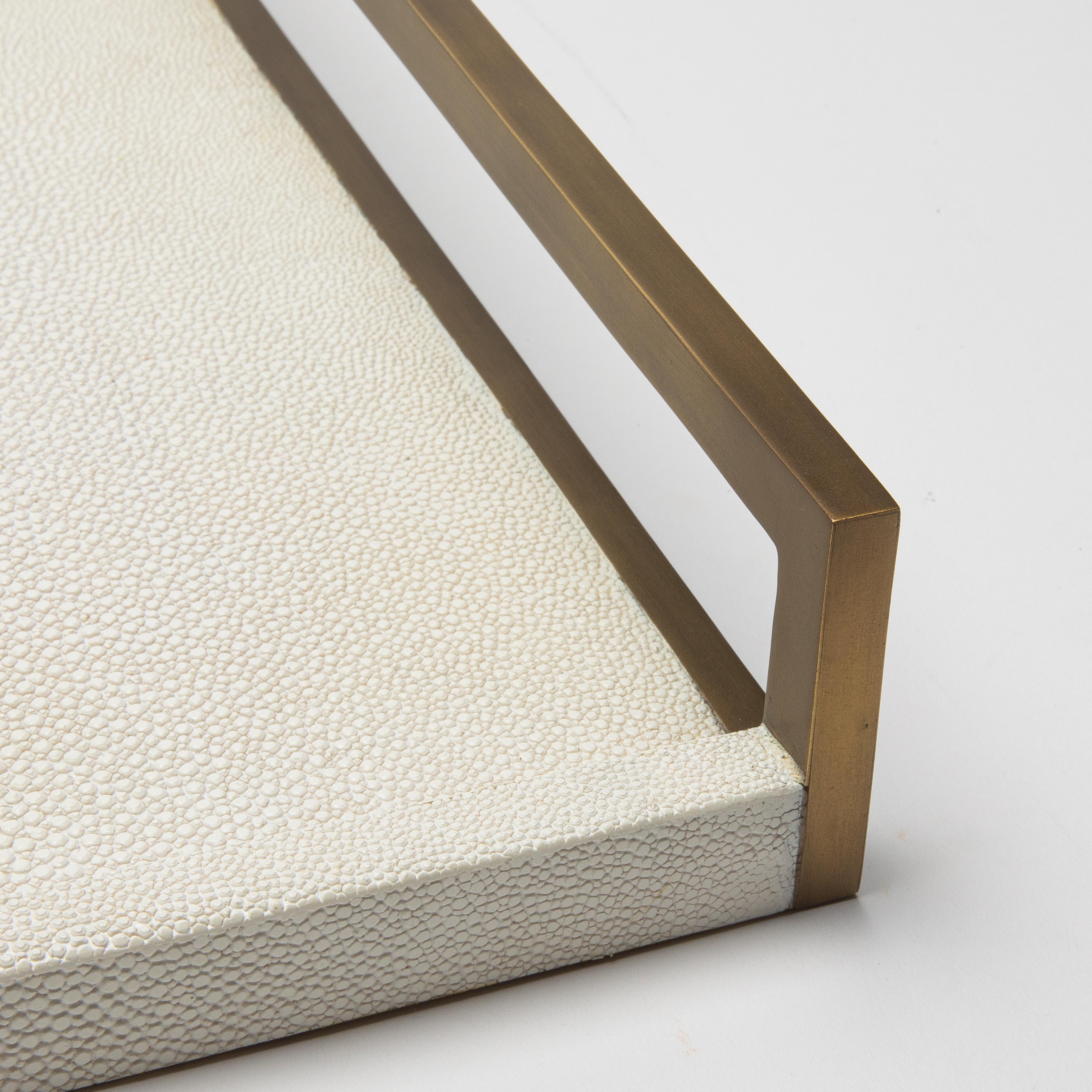 Rectangular Tray in Natural Cream Shagreen Bronze Patina Brass by R&Y Augousti For Sale 1