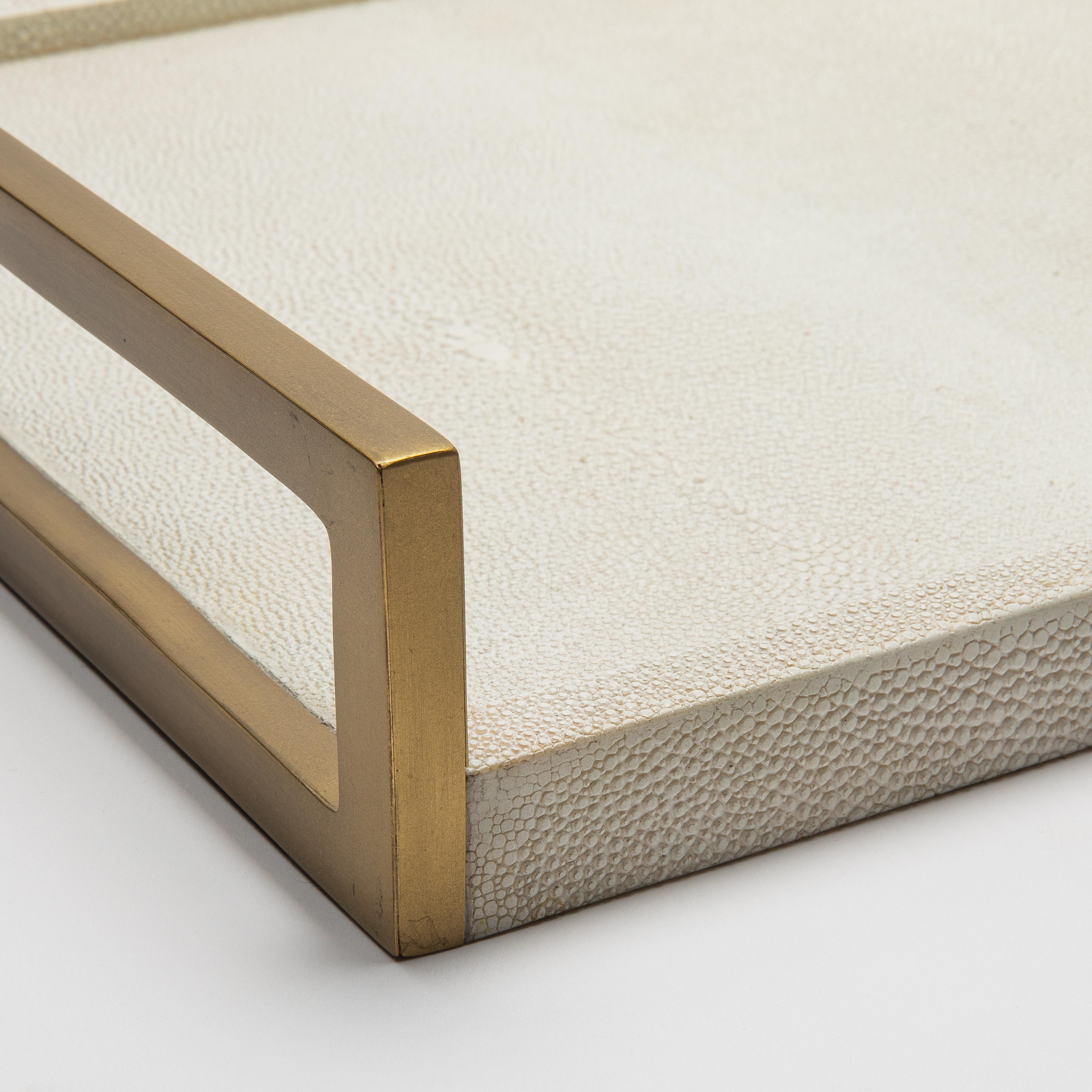 Rectangular Tray in Natural Cream Shagreen Bronze Patina Brass by R&Y Augousti For Sale 1