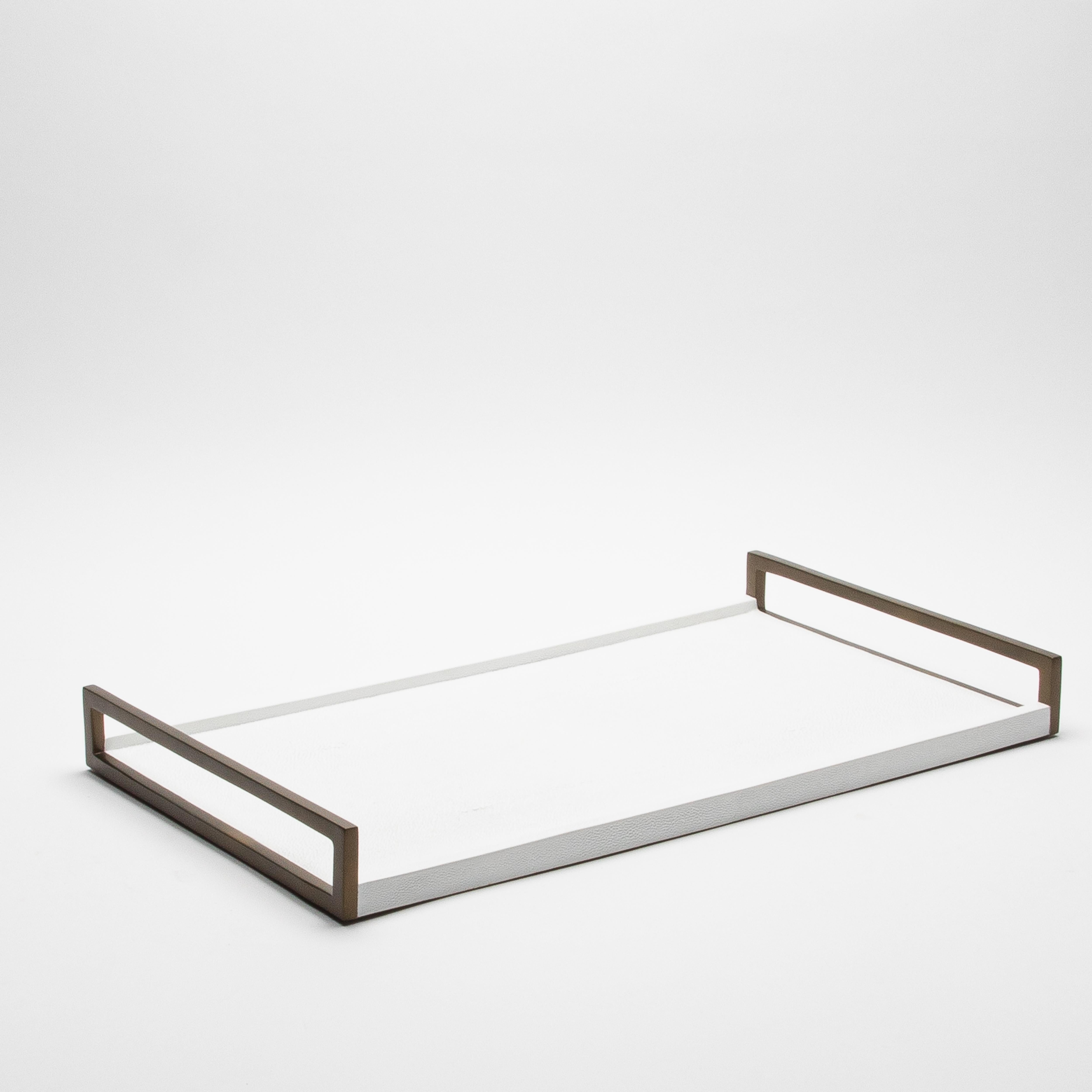Art Deco Rectangular Tray in White Shagreen with Bronze Patina Brass by R&Y Augousti For Sale