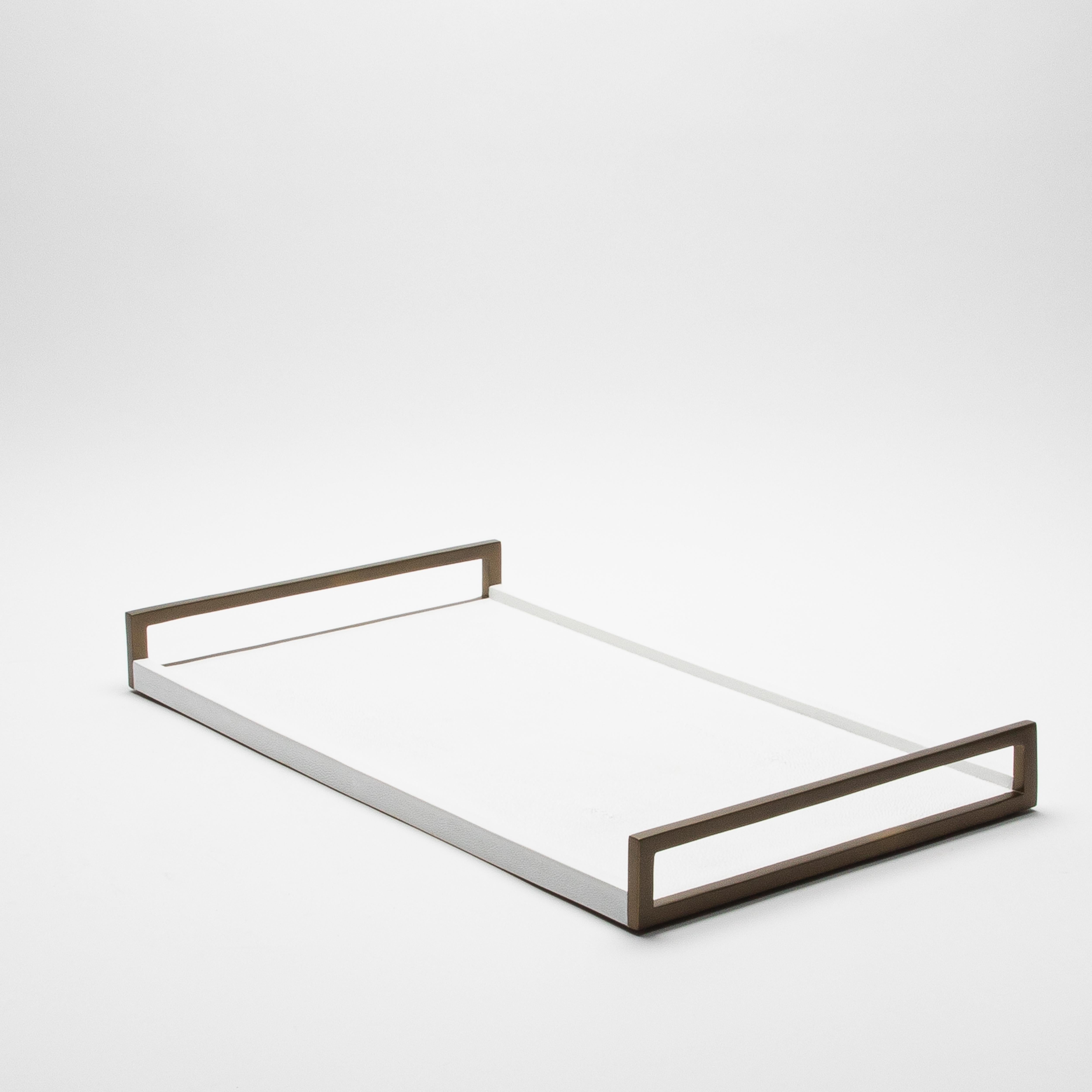 Hand-Crafted Rectangular Tray in White Shagreen with Bronze Patina Brass by R&Y Augousti For Sale