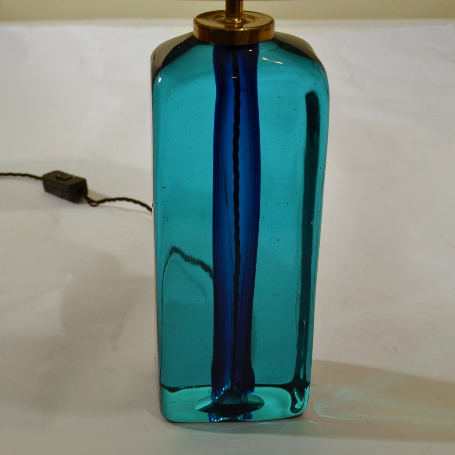 Mid-Century Modern Rectangular Turquoise Blue Glass Table Lamp Hand Blown, Seguso, Sommerso, 1960s