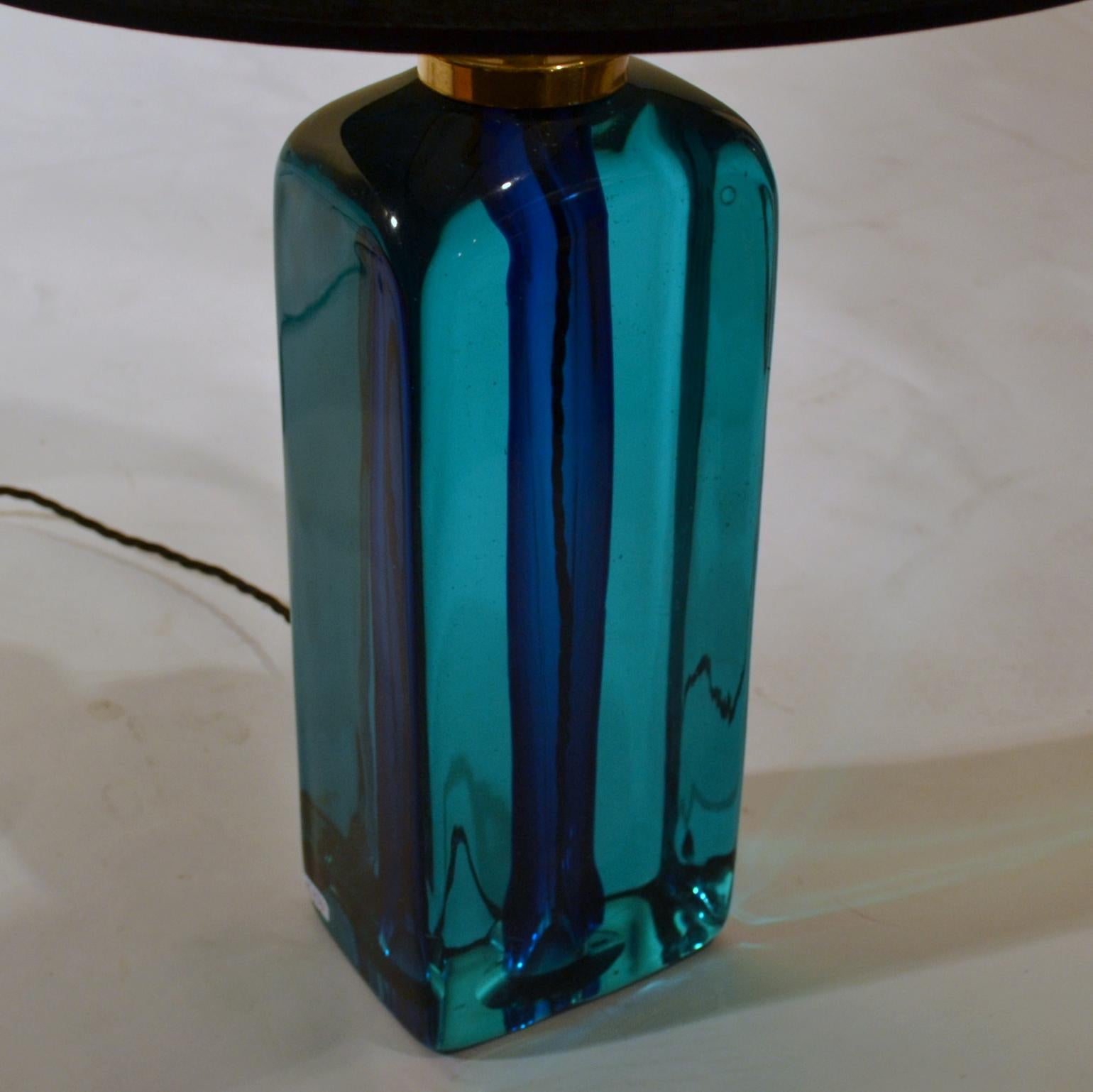 Italian Rectangular Turquoise Blue Glass Table Lamp Hand Blown, Seguso, Sommerso, 1960s