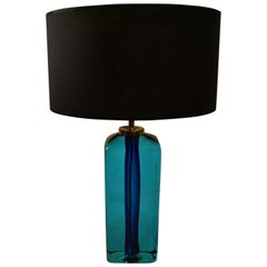 Rectangular Turquoise Blue Glass Table Lamp Hand Blown, Seguso, Sommerso, 1960s	