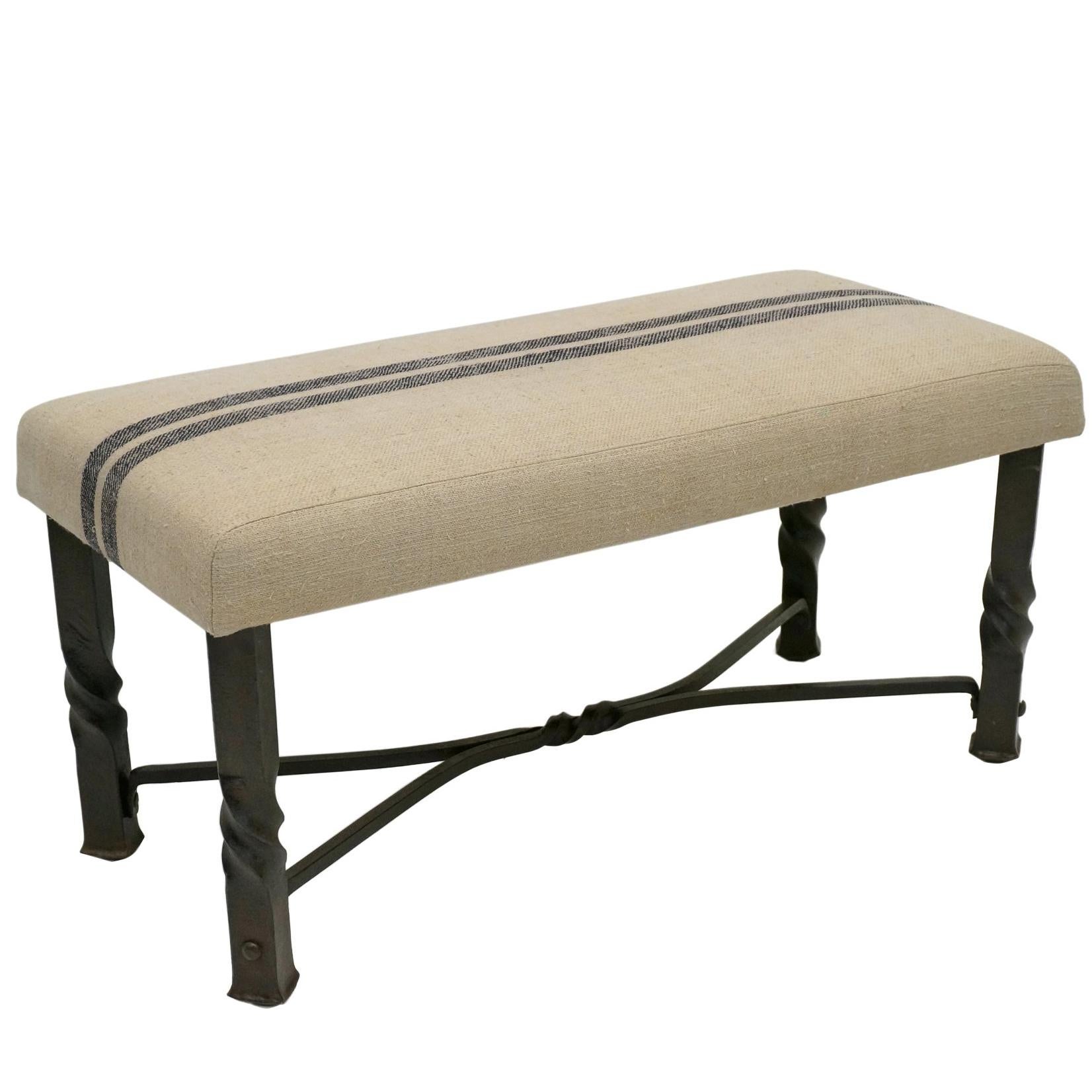Rectangular Twisted Iron Metal Bench with Upholstered Top, France, circa 1900