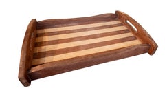 Rectangular Two-tone Wooden Tray with a Striped Design and Side Handles