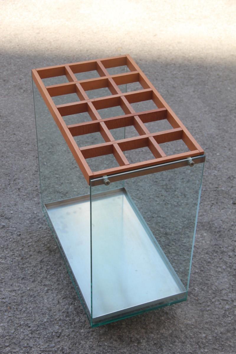 Rectangular umbrella stand Italian design 1990 Fiam wood glass steel.