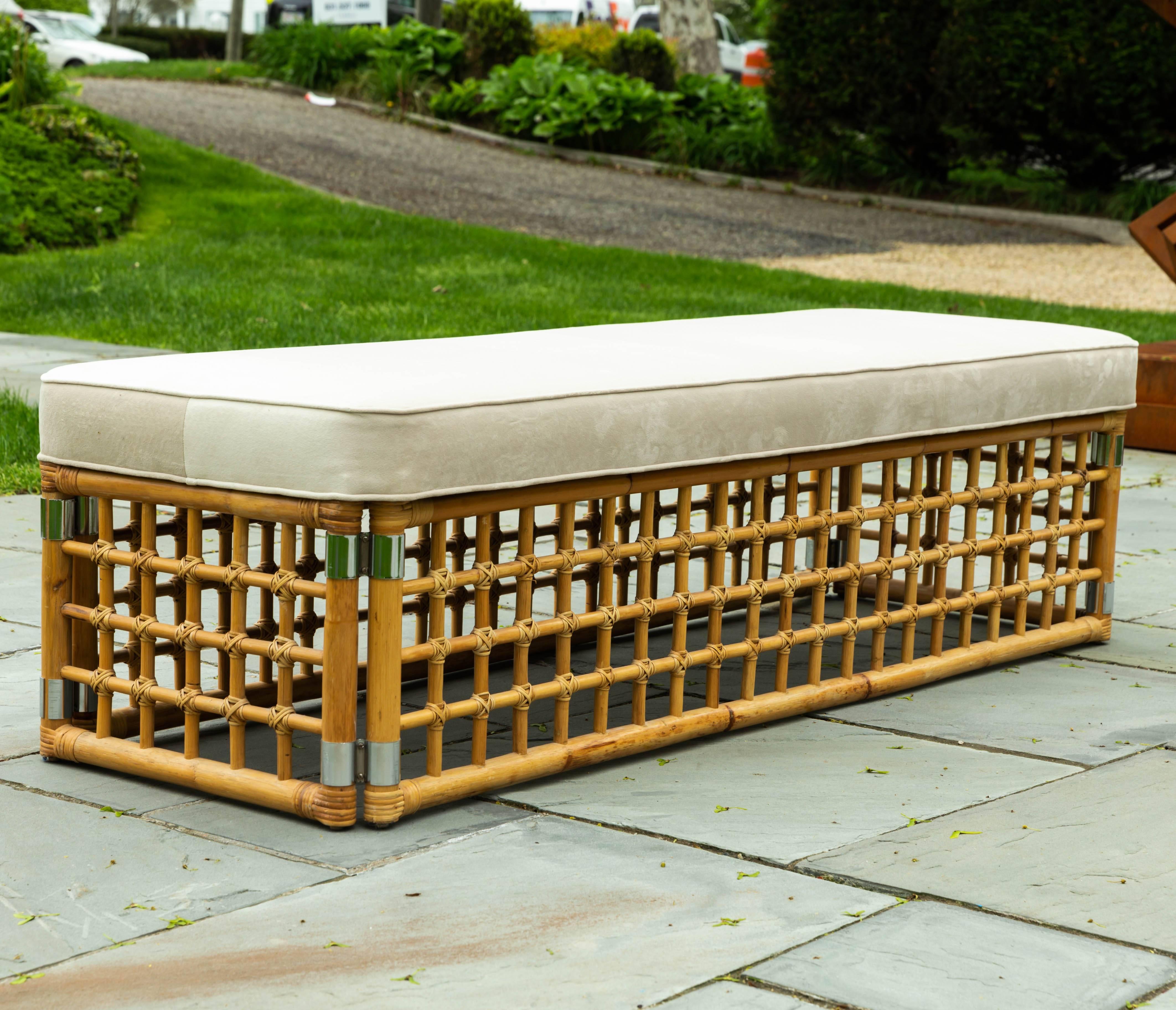 Rectangular Upholstered Bench with Bamboo Lattice Base Design 2