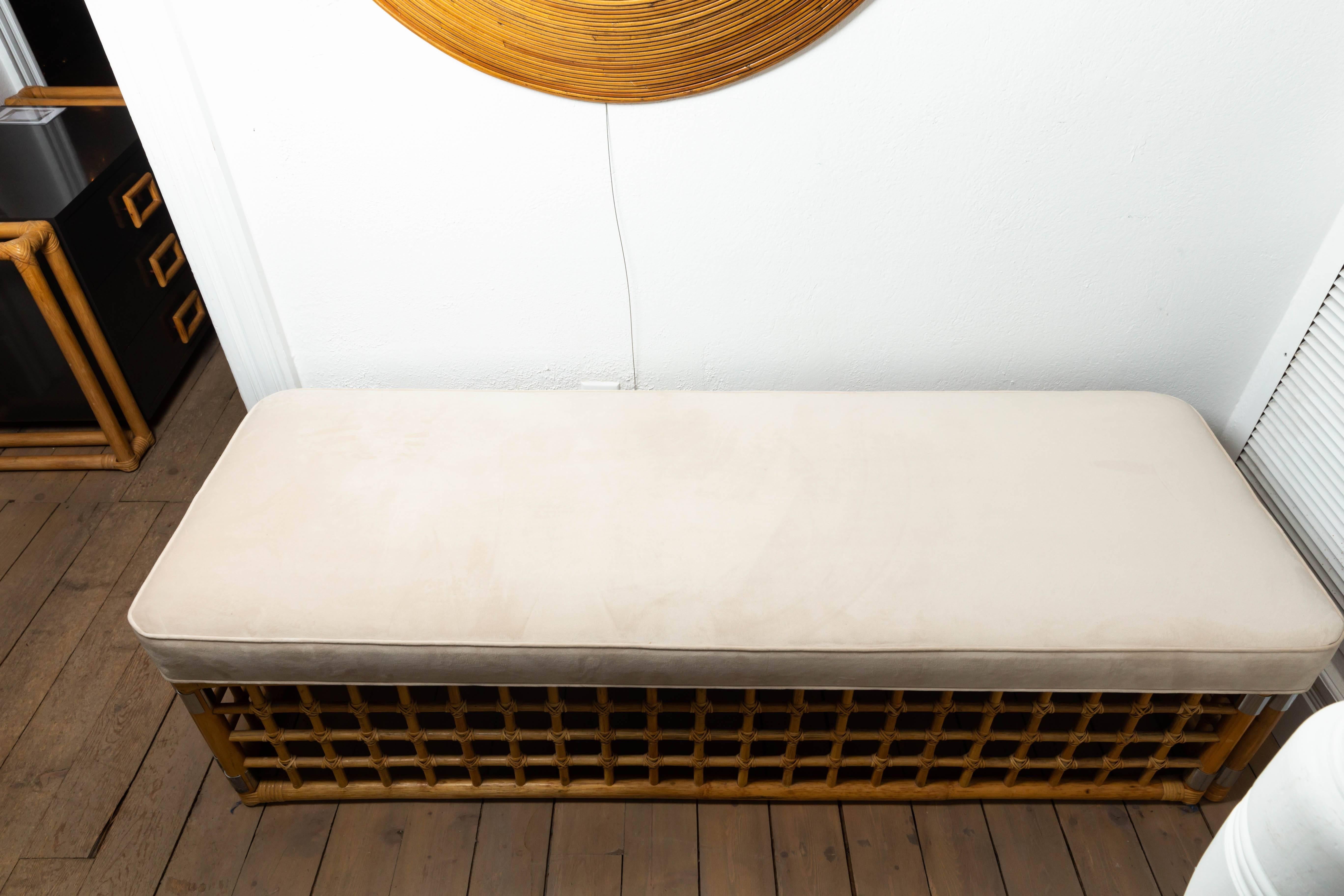 Mid-Century Modern Rectangular Upholstered Bench with Bamboo Lattice Base Design