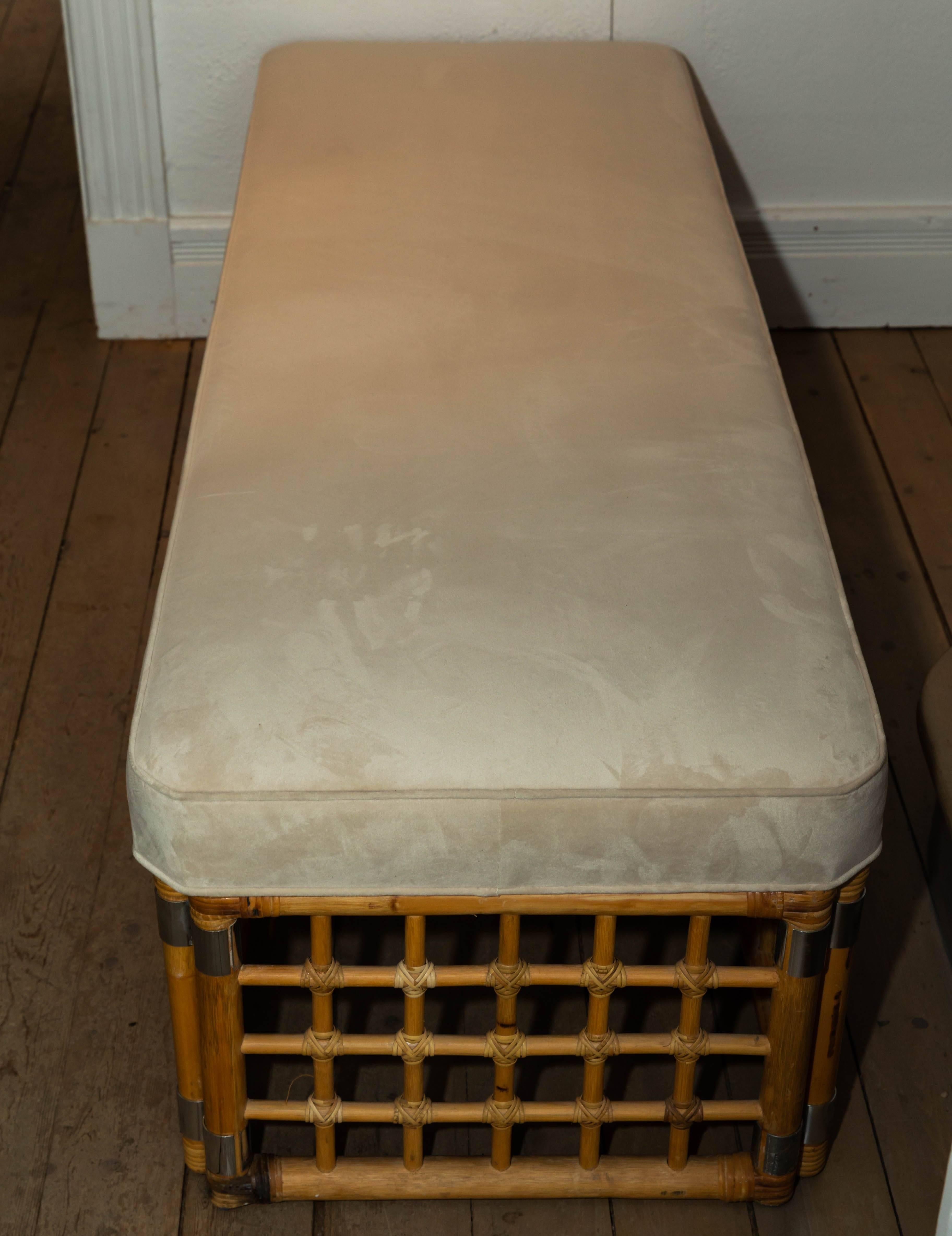 American Rectangular Upholstered Bench with Bamboo Lattice Base Design