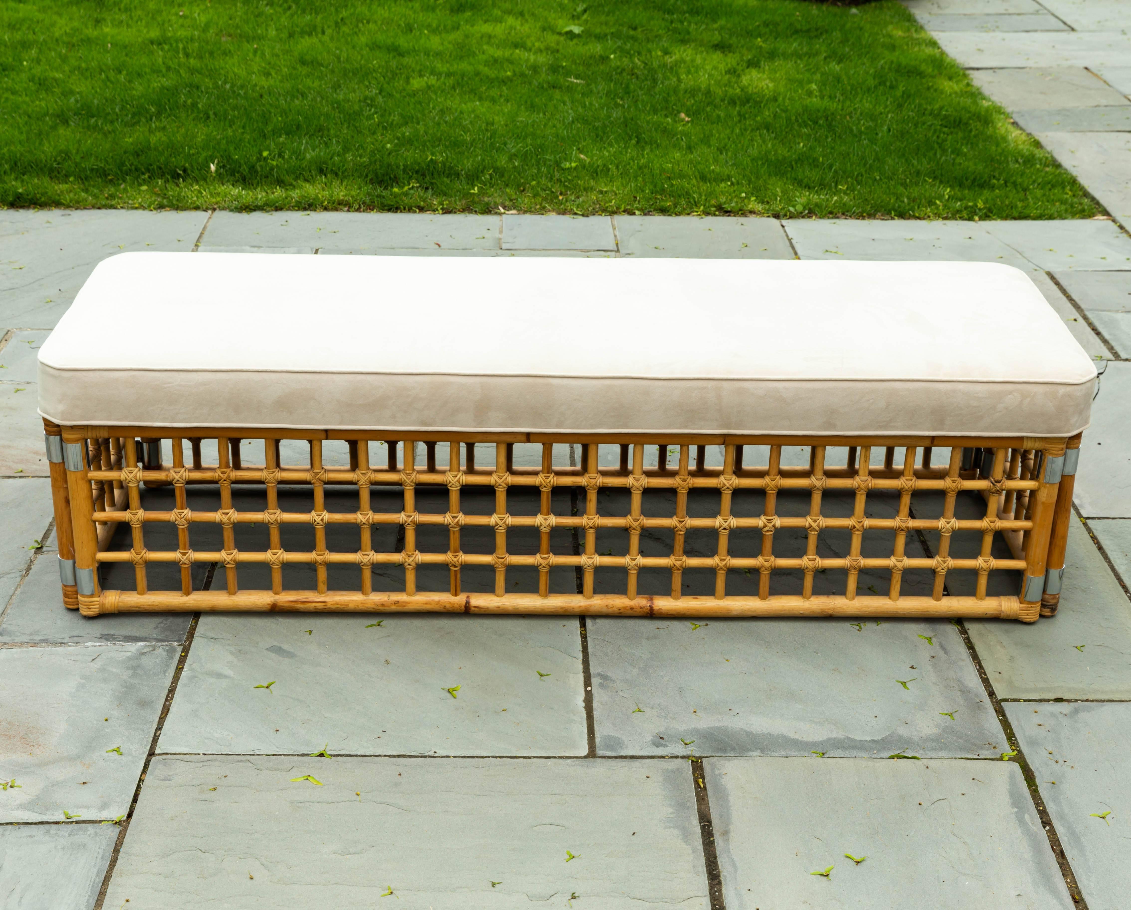 Woven Rectangular Upholstered Bench with Bamboo Lattice Base Design