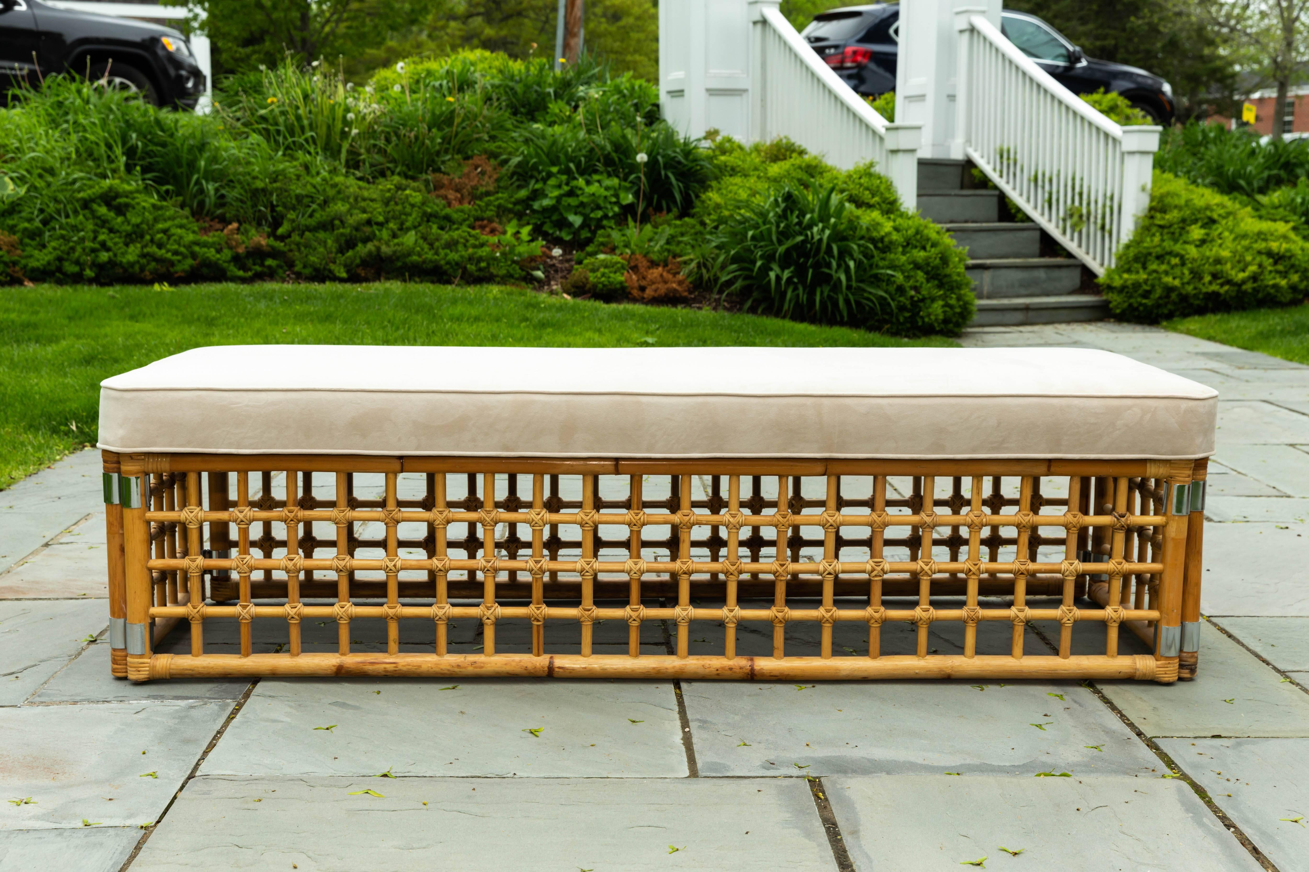 Rectangular Upholstered Bench with Bamboo Lattice Base Design In Excellent Condition In Bridgehampton, NY