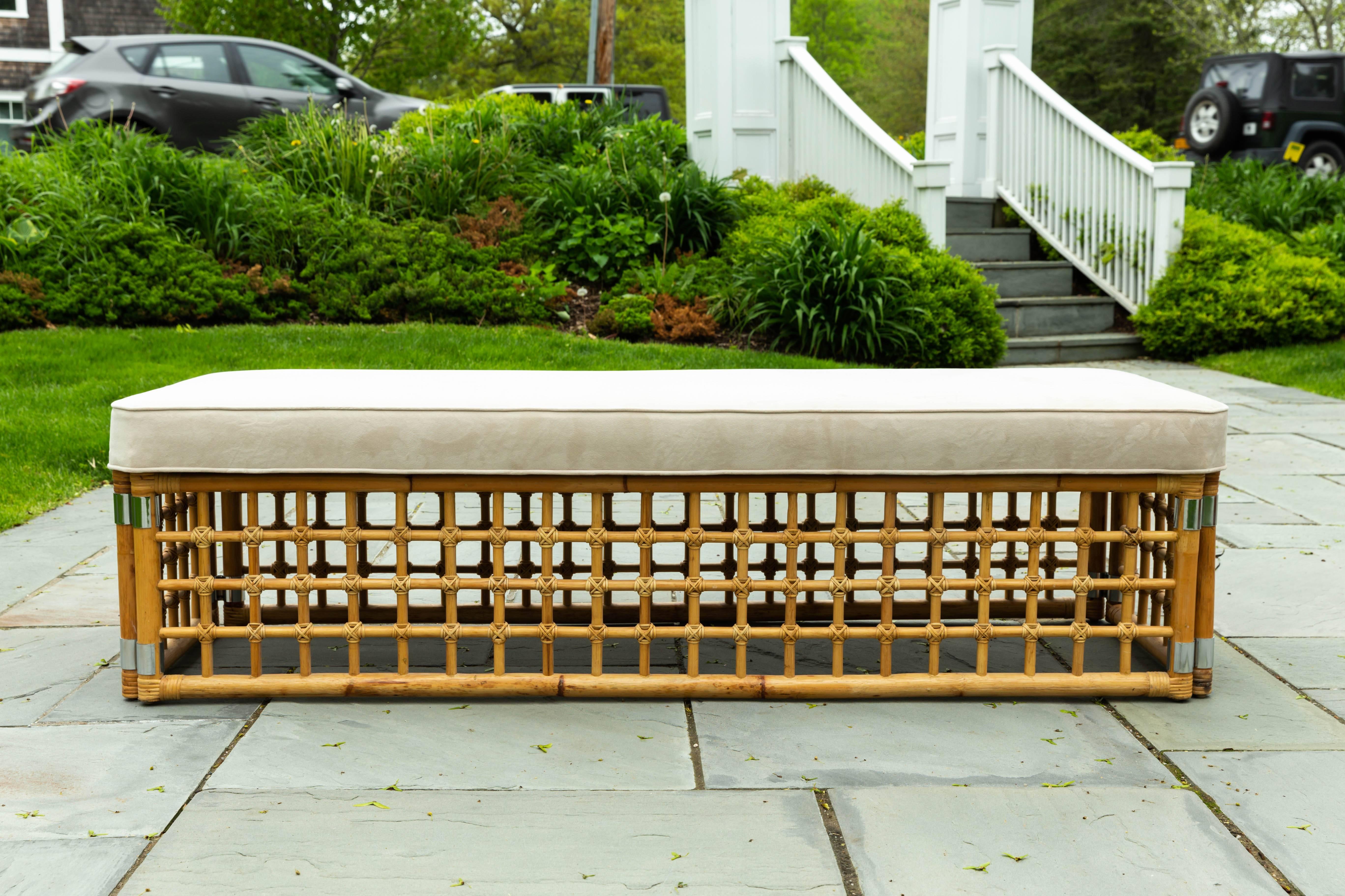 Upholstery Rectangular Upholstered Bench with Bamboo Lattice Base Design