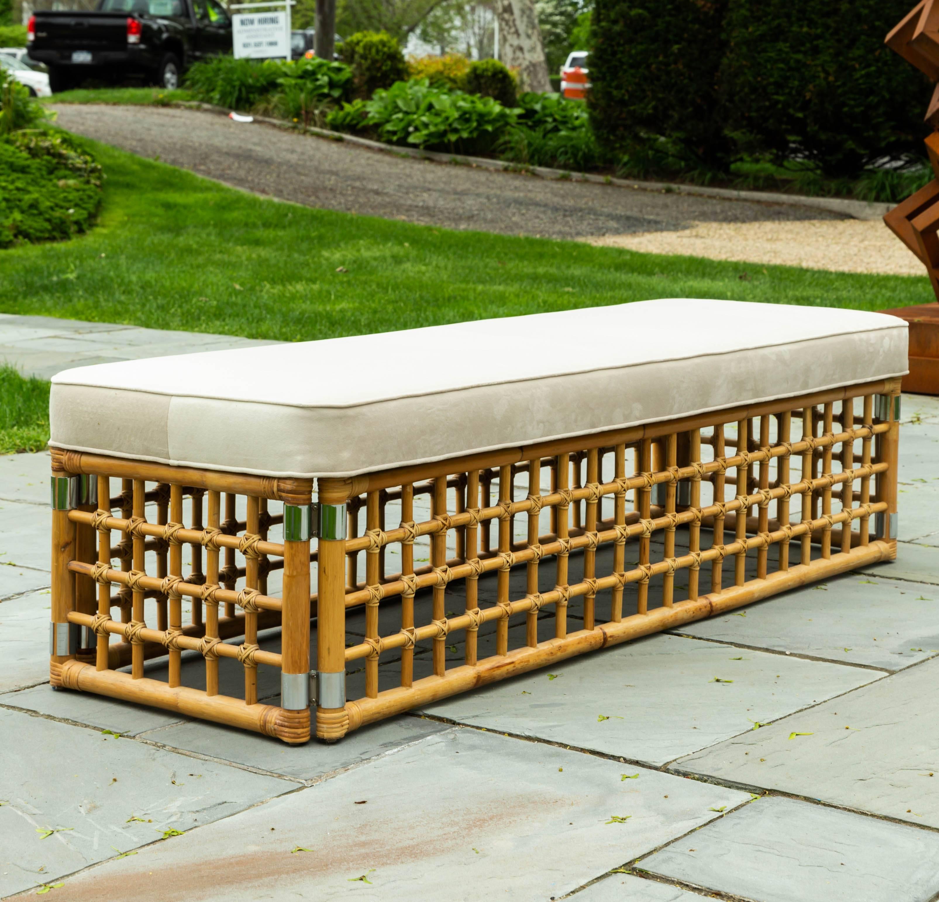 Rectangular Upholstered Bench with Bamboo Lattice Base Design 1