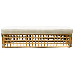 Rectangular Upholstered Bench with Bamboo Lattice Base Design