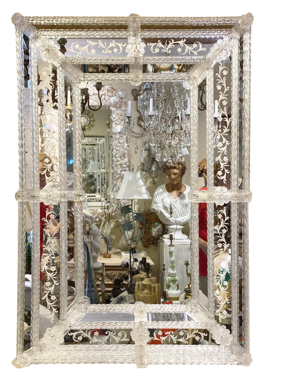 Vetro soffiato Specchio veneziano rettangolare di Murano