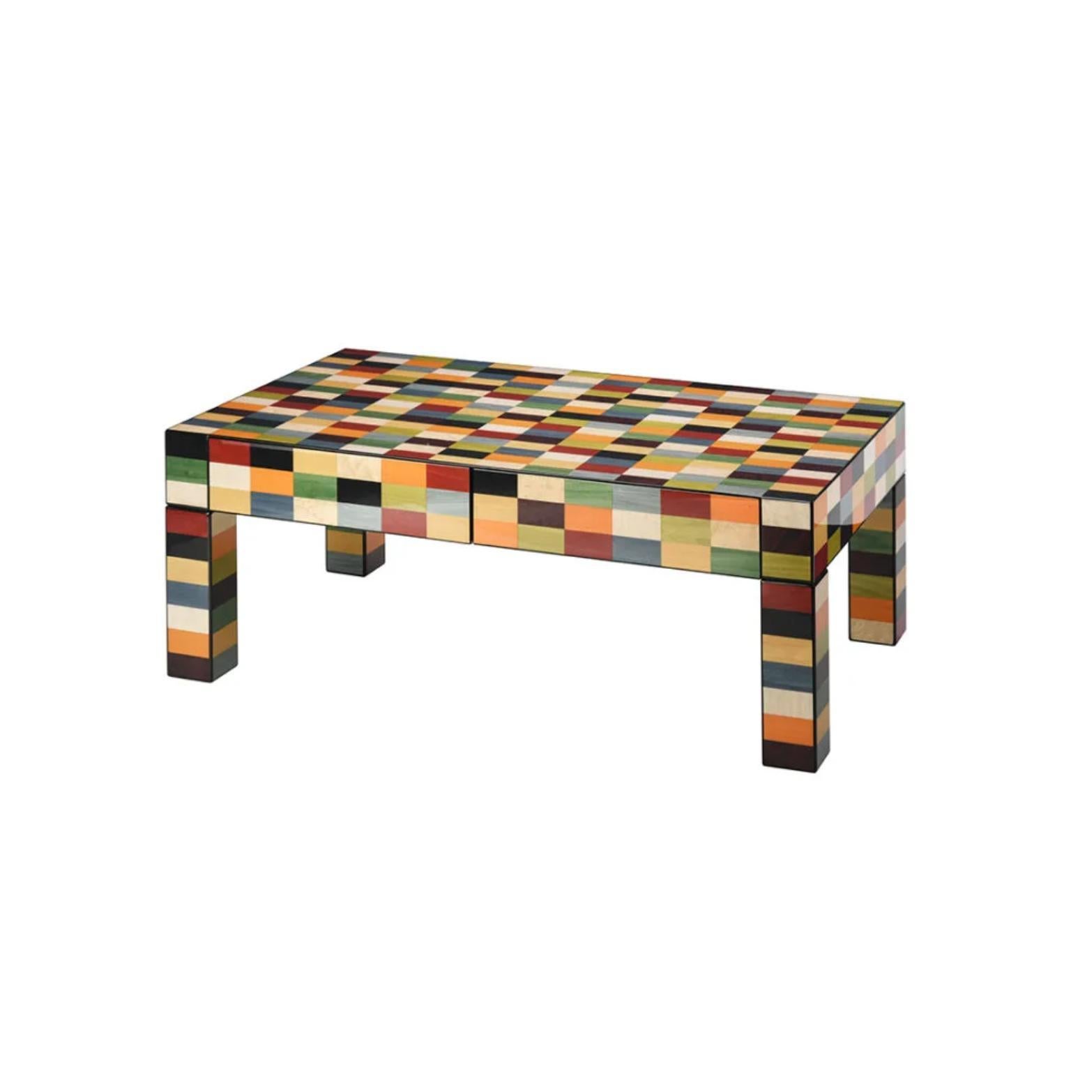 Rectangular Venezia Rialto Coffee Table with Drawers by Morici
Dimensions: W 120 x D 65 x H 42 cm. Drawers : 42×43 H6 covered in black alcantara.
Materials: wood, black Alcantara, inlay veneer.
Finish : Gloss brushed polyester.  

This coffee table,