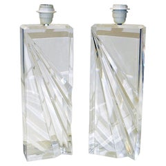 Rectangular Vintage Clear Acrylic Glass Tablelamp Pair 1970s
