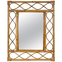 Rectangular Vintage French Rattan and Bamboo Mirror, 1960s, France