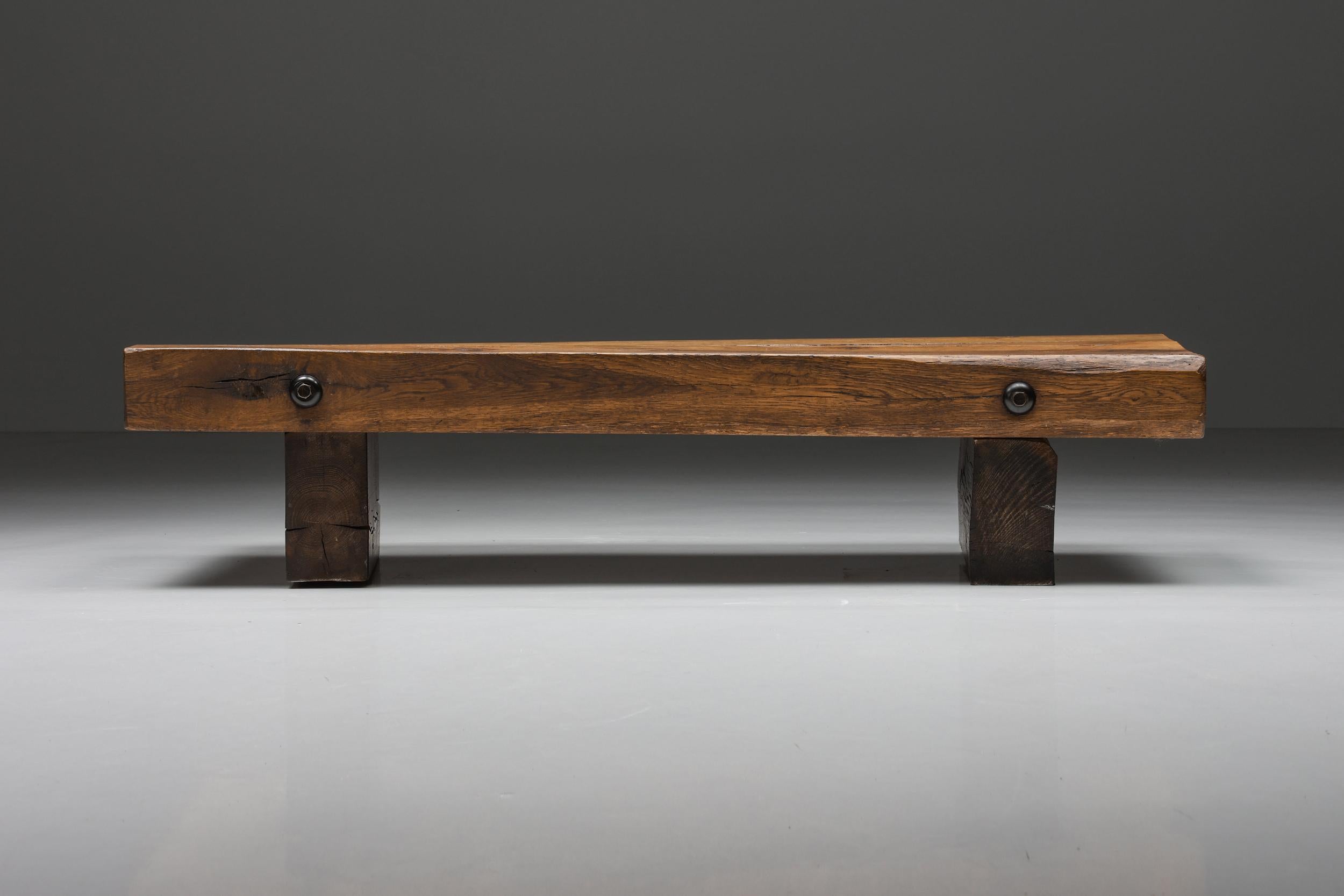 Wabi-Sabi two-legged rectangular Coffee Table with screws, Mid-Century Modern, 1940s 

Mid-century two-legged rectangular coffee table. The tabletop consists of three pieces of solid wood, on the sides you can see the screws that keep the wood in