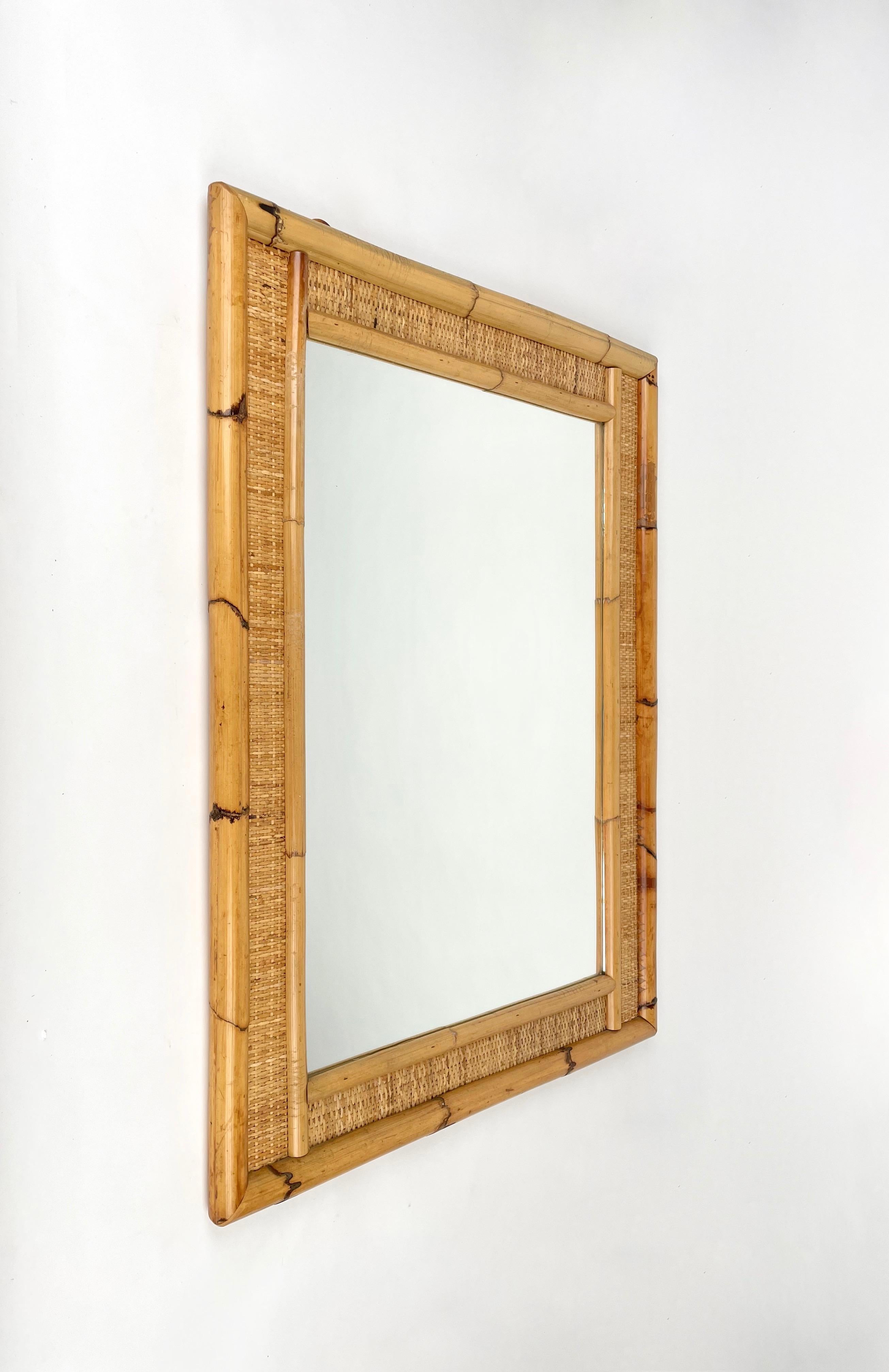 Mid-Century Modern Rectangular Wall Mirror Bamboo and Wicker, Italy 1970s