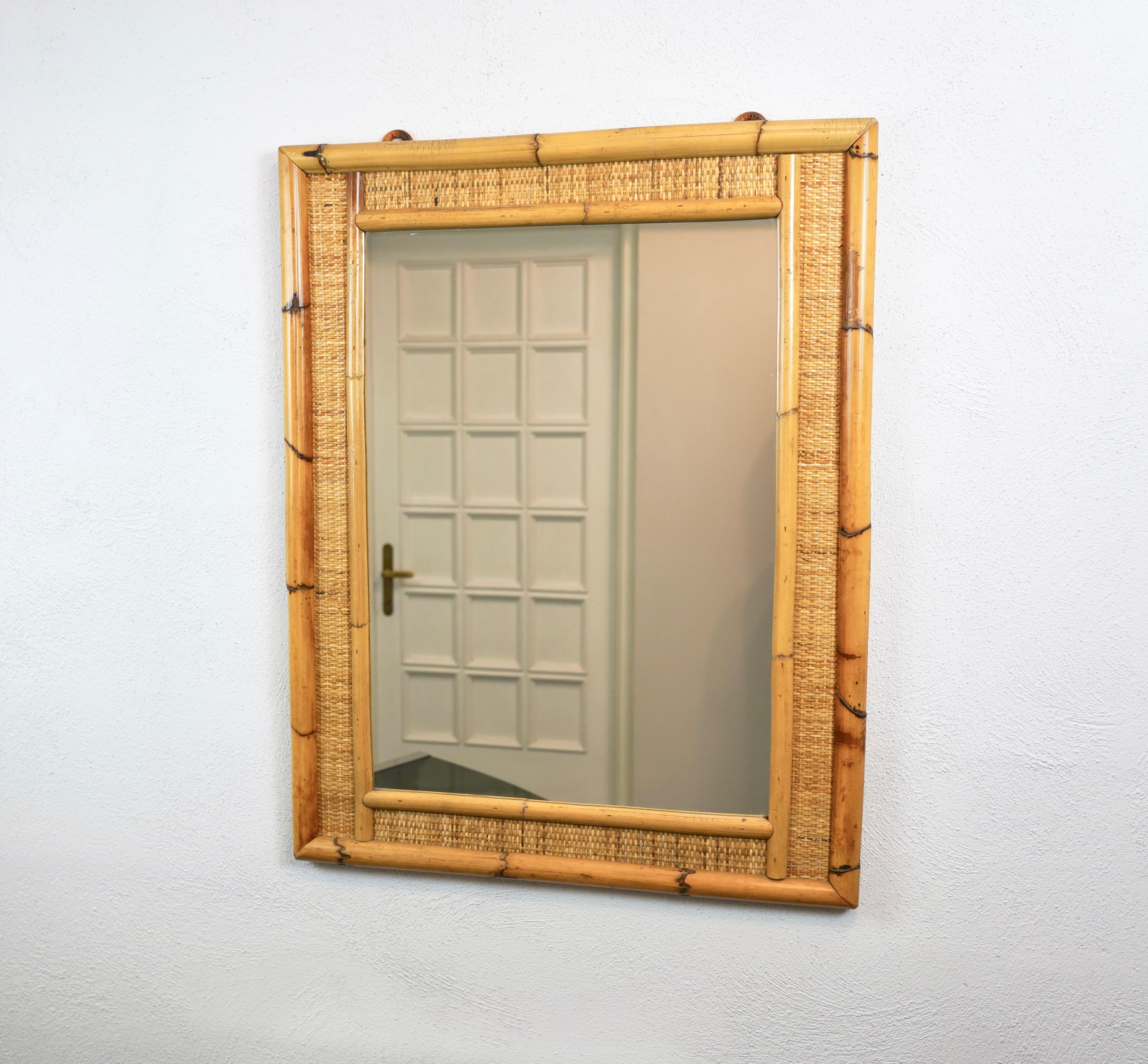 Rectangular Wall Mirror Bamboo and Wicker, Italy 1970s In Good Condition In Rome, IT