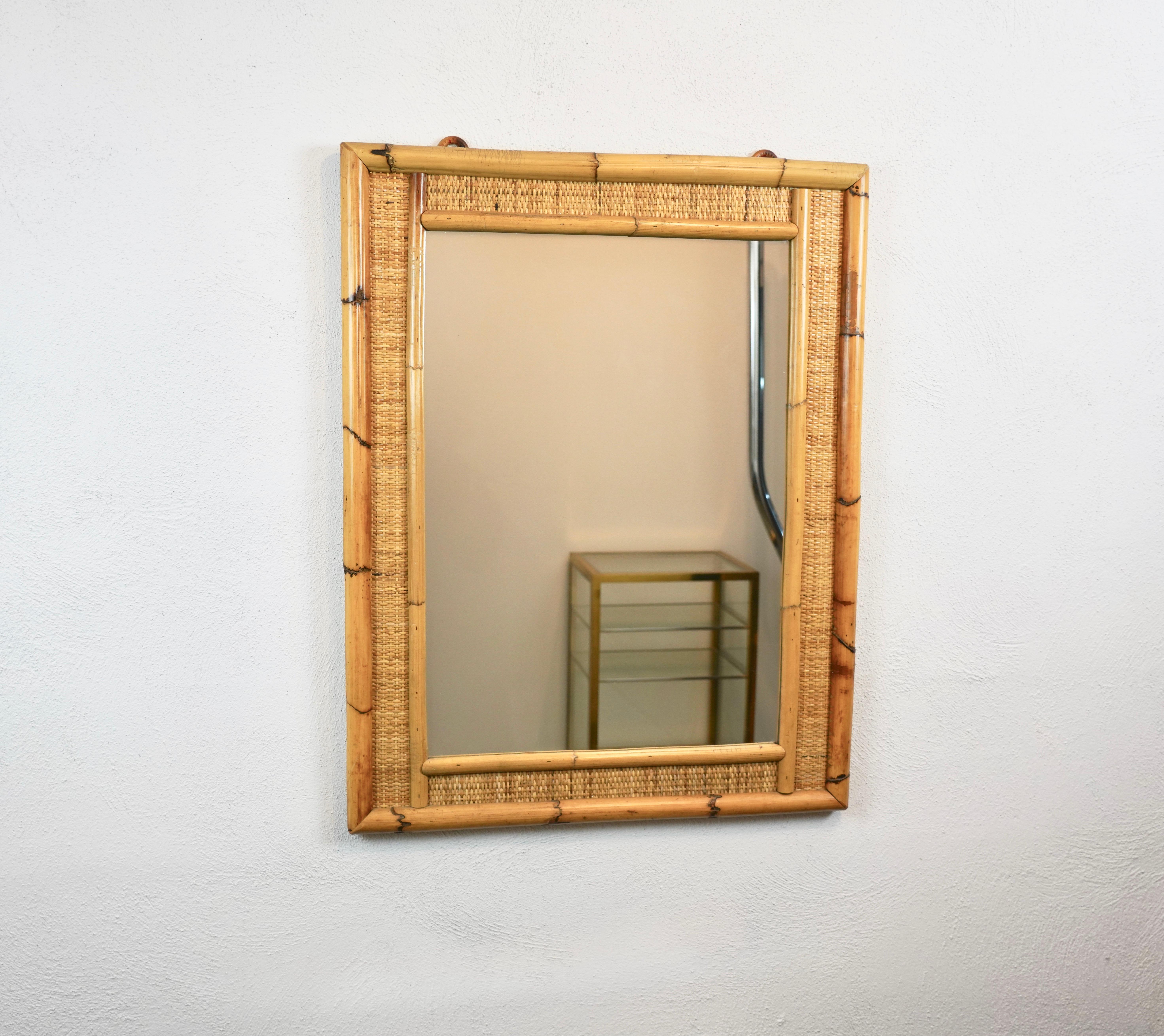 Late 20th Century Rectangular Wall Mirror Bamboo and Wicker, Italy 1970s