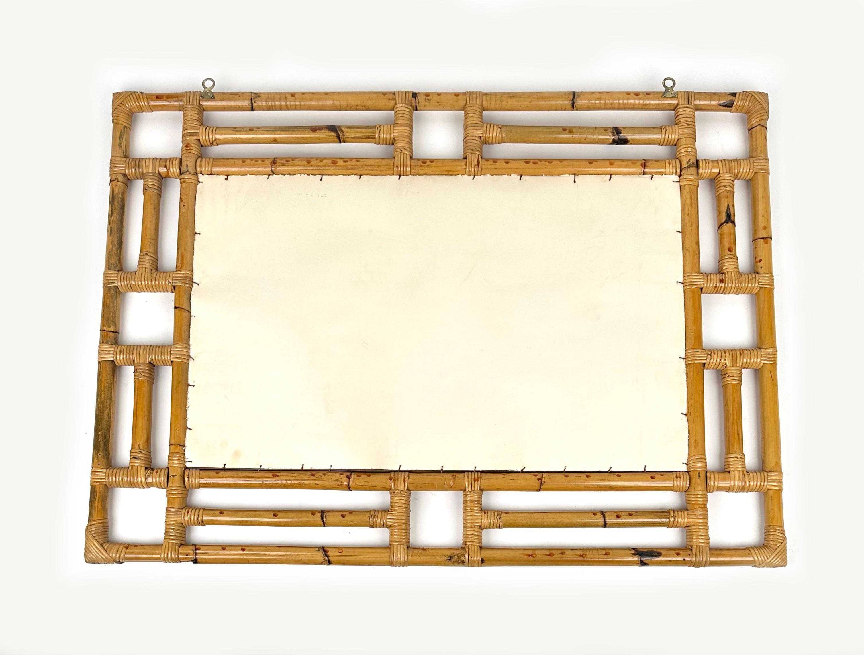 Rectangular Wall Mirror in Bamboo and Rattan Vivai del Sud Style, Italy 1970s For Sale 4