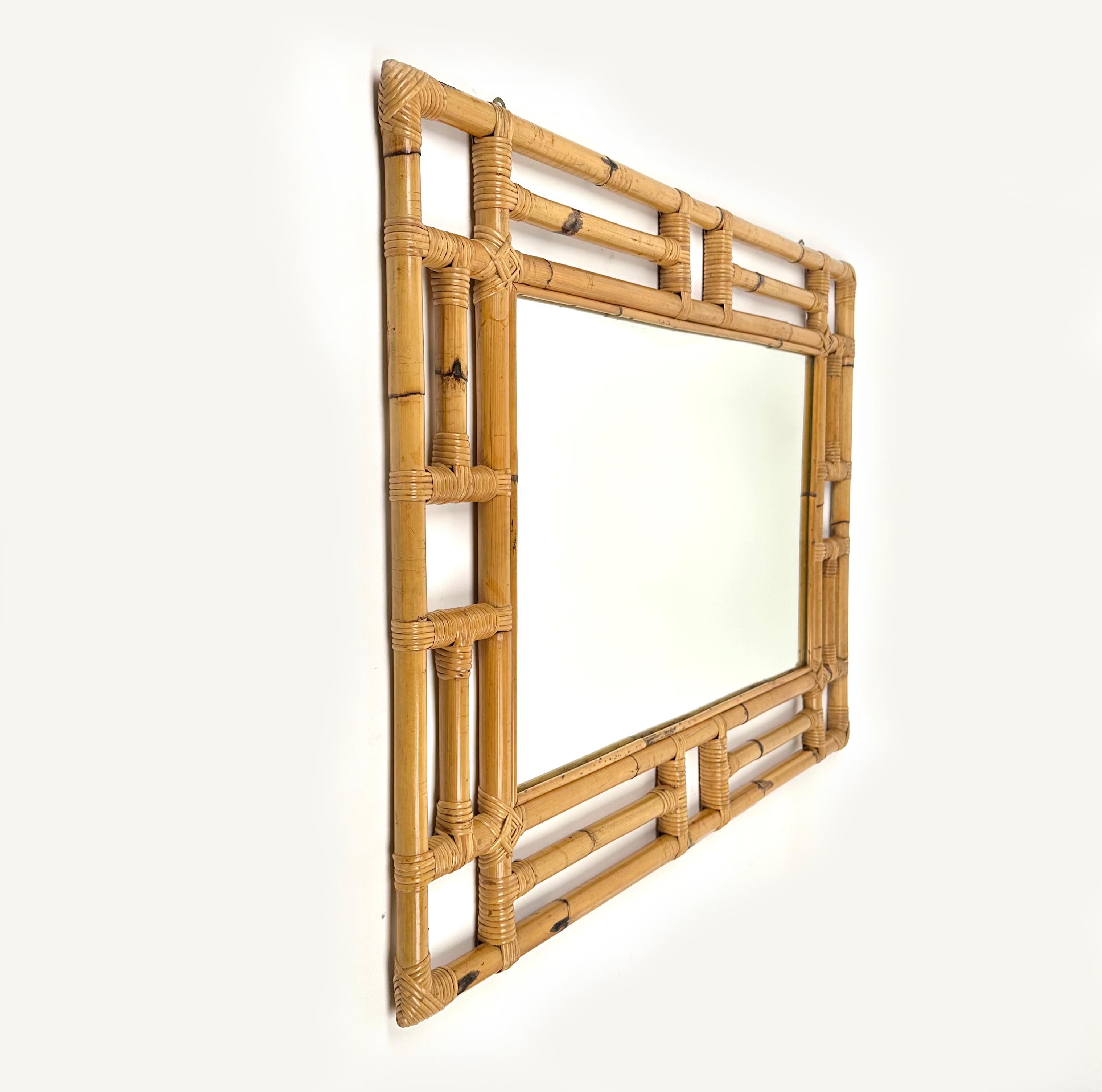 Mid-Century Modern Rectangular Wall Mirror in Bamboo and Rattan Vivai del Sud Style, Italy 1970s For Sale
