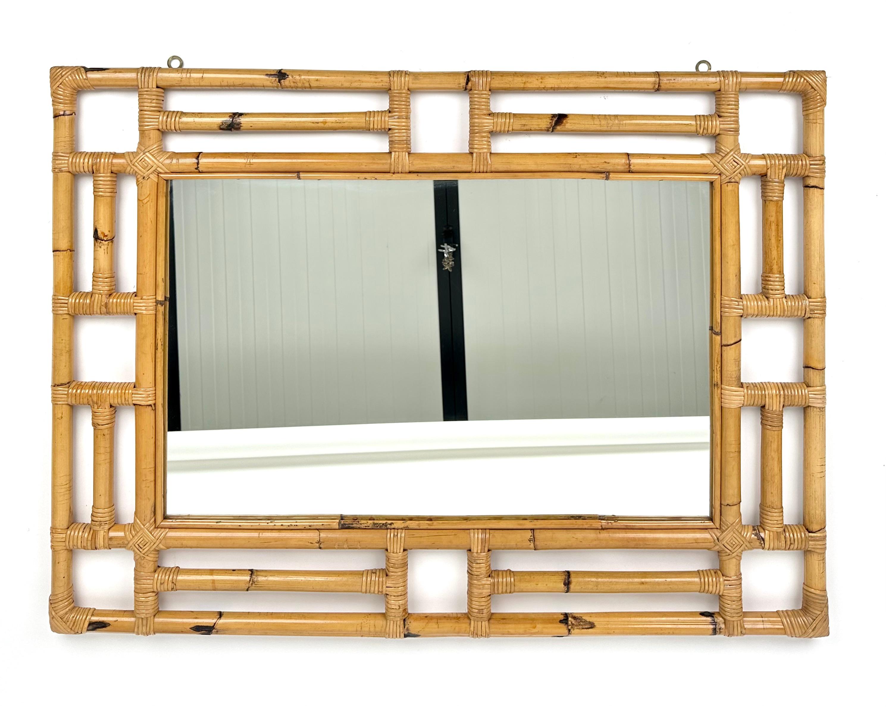 Italian Rectangular Wall Mirror in Bamboo and Rattan Vivai del Sud Style, Italy 1970s For Sale