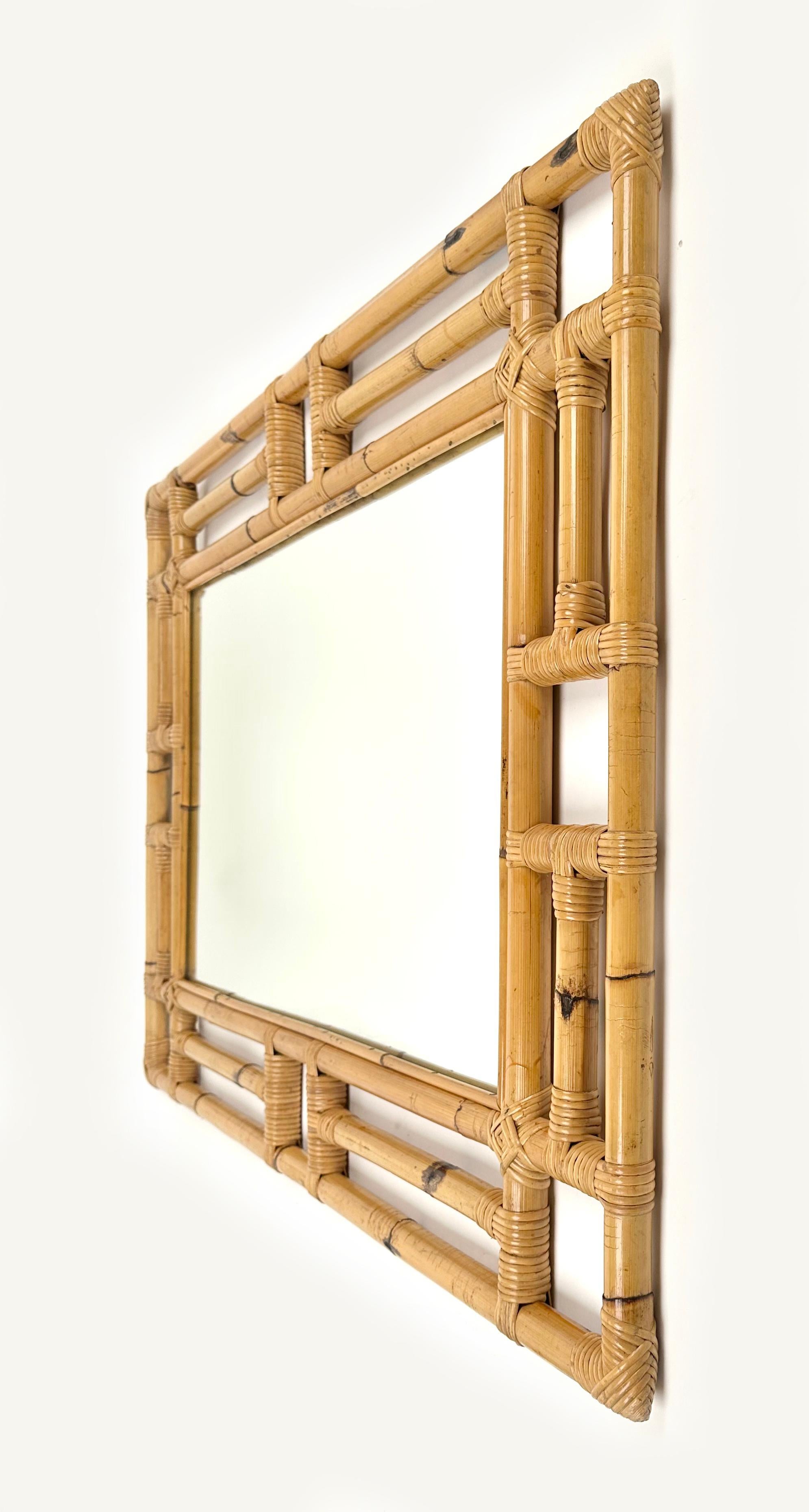 Late 20th Century Rectangular Wall Mirror in Bamboo and Rattan Vivai del Sud Style, Italy 1970s For Sale