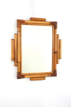 Rectangular Wall Mirror in Rattan, Tiki Style, Hand-crafted, 1960