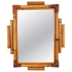 Rectangular Wall Mirror in Rattan, Tiki Style, Hand-crafted, 1960