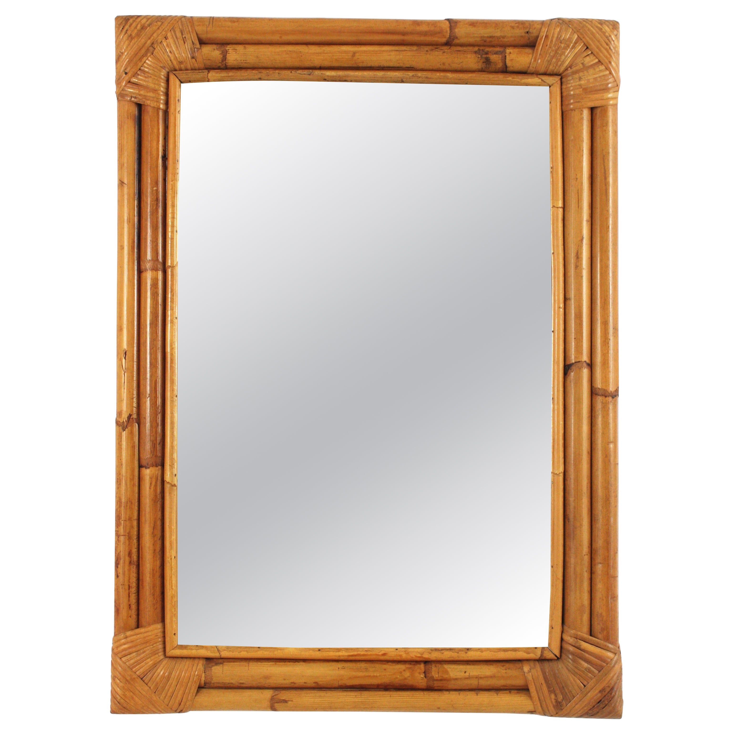 Rectangular Wall Mirror in Rattan with Double Layered Frame, 1960 For Sale