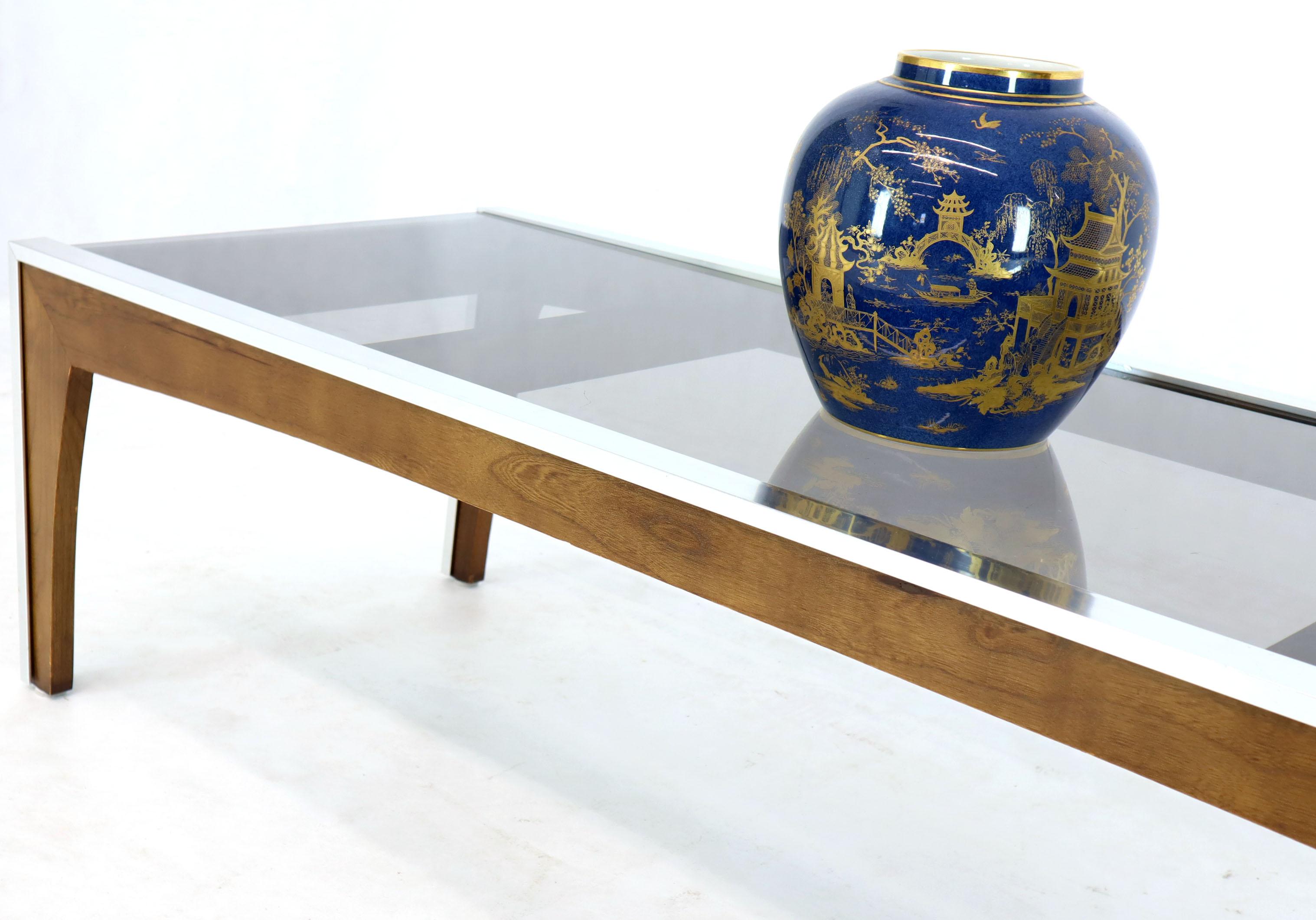 Mid-Century Modern Rectangular Walnut Aluminum Frame Smoked Glass Coffee Table For Sale