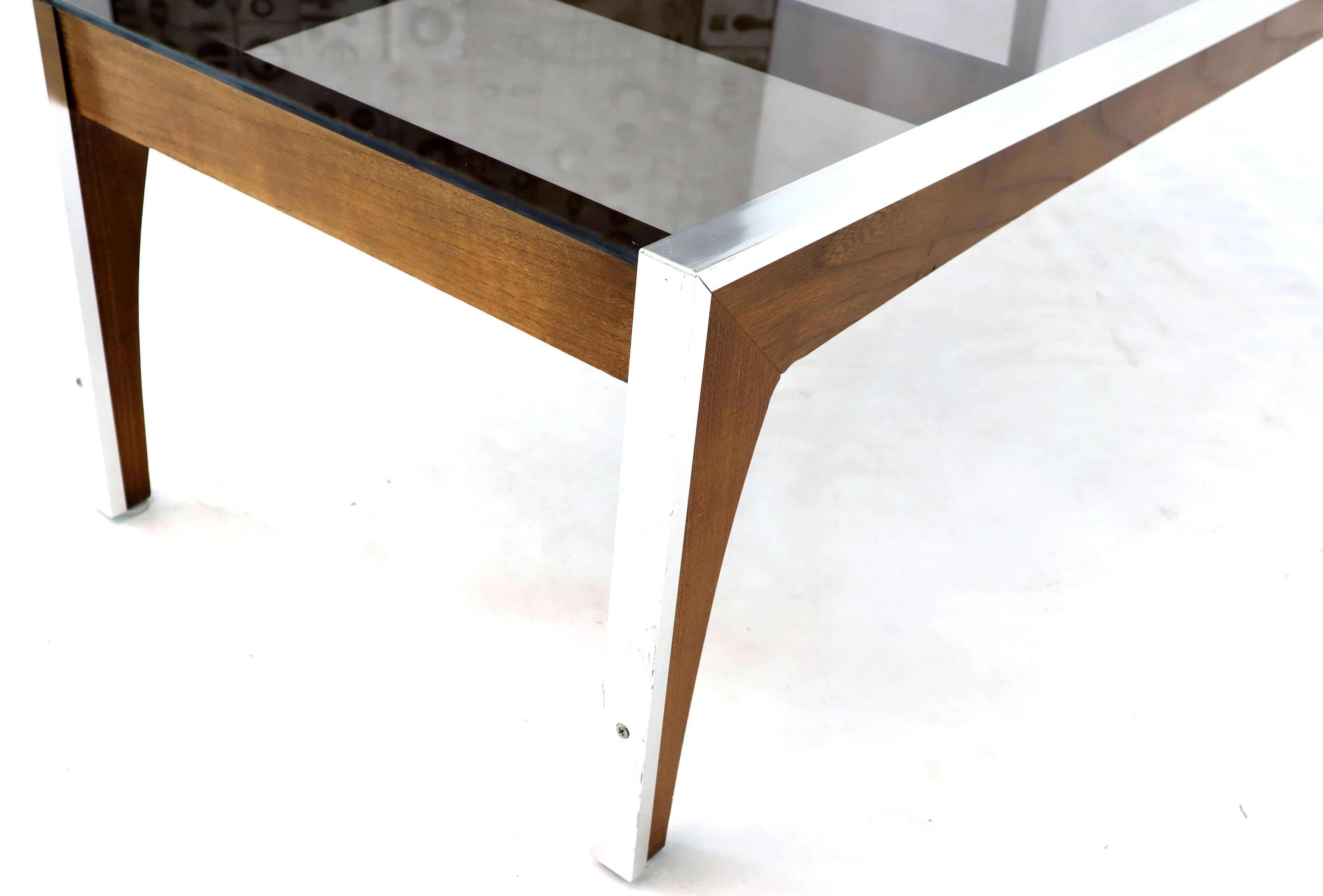 Lacquered Rectangular Walnut Aluminum Frame Smoked Glass Coffee Table For Sale