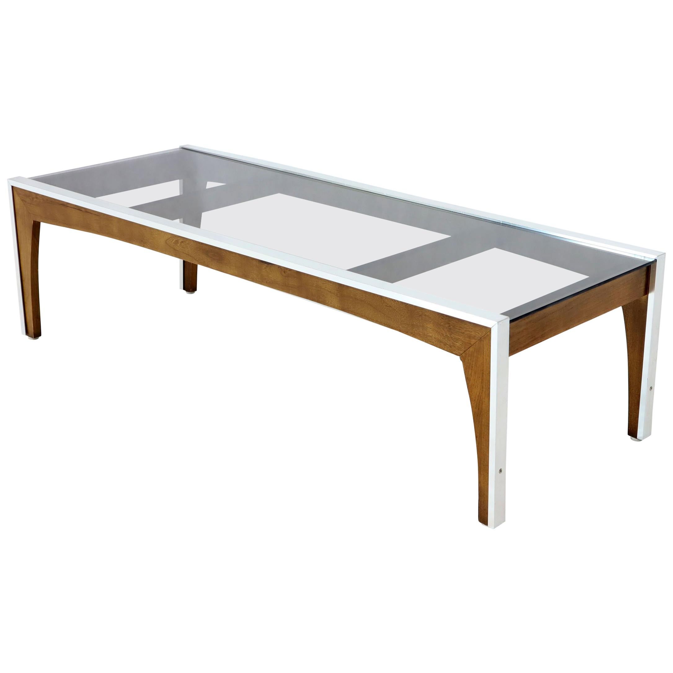 Rectangular Walnut Aluminum Frame Smoked Glass Coffee Table For Sale