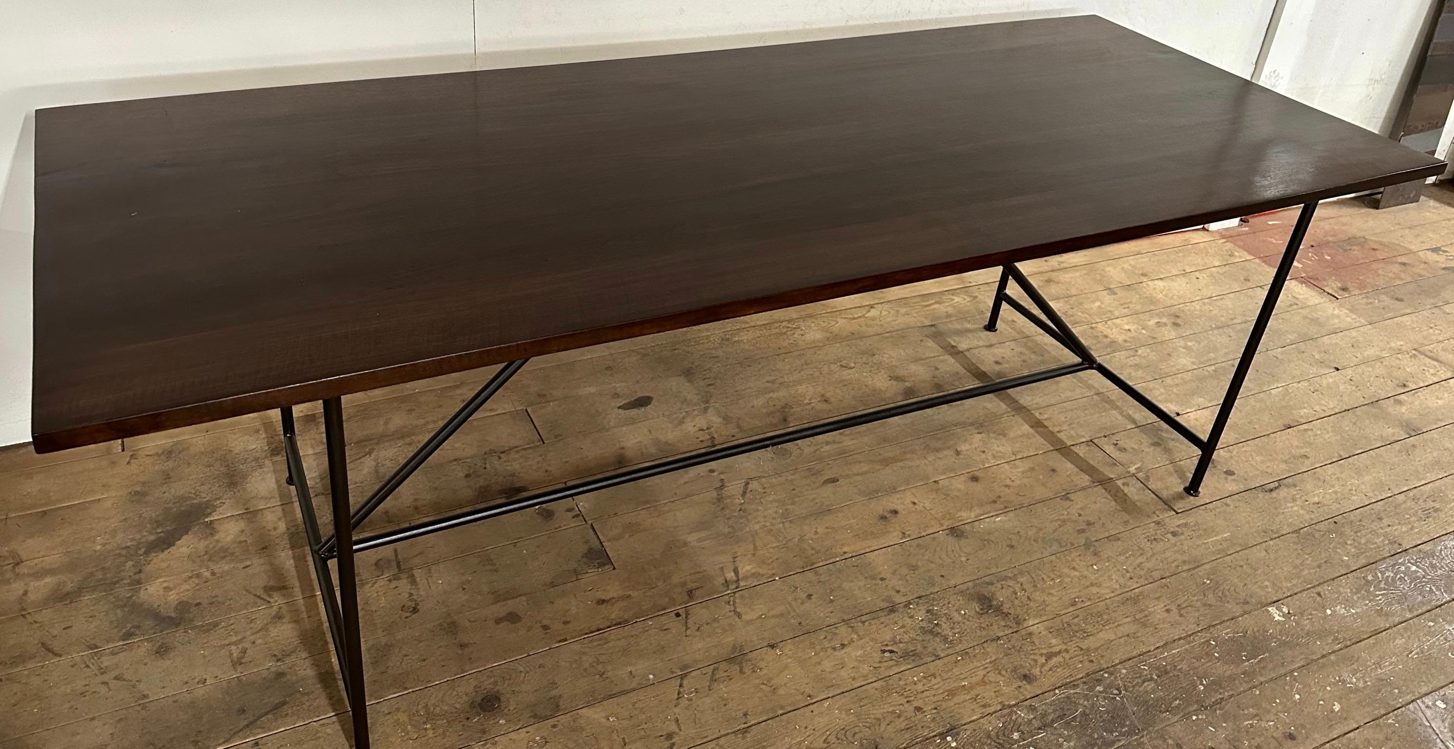 American Rectangular Walnut Plank Top Metal Base Dining Table For Sale