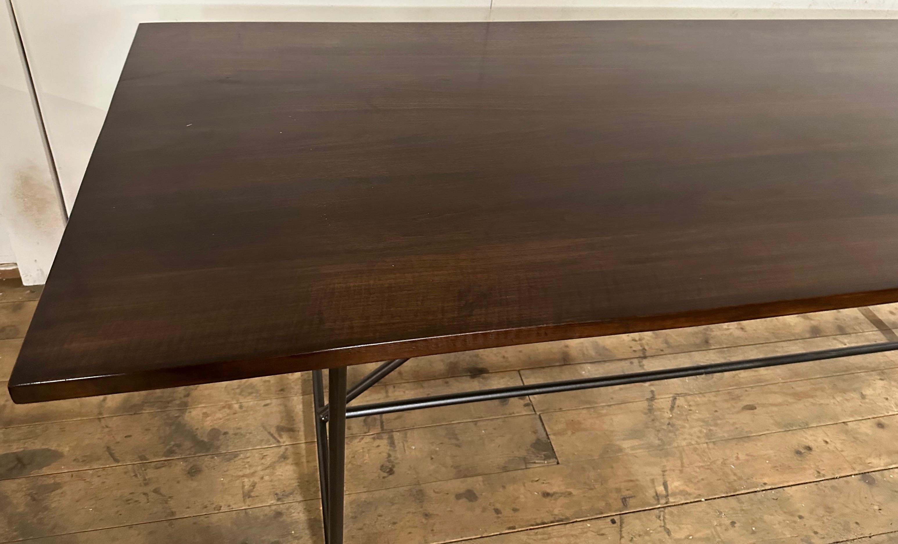 Cast Rectangular Walnut Plank Top Metal Base Dining Table For Sale