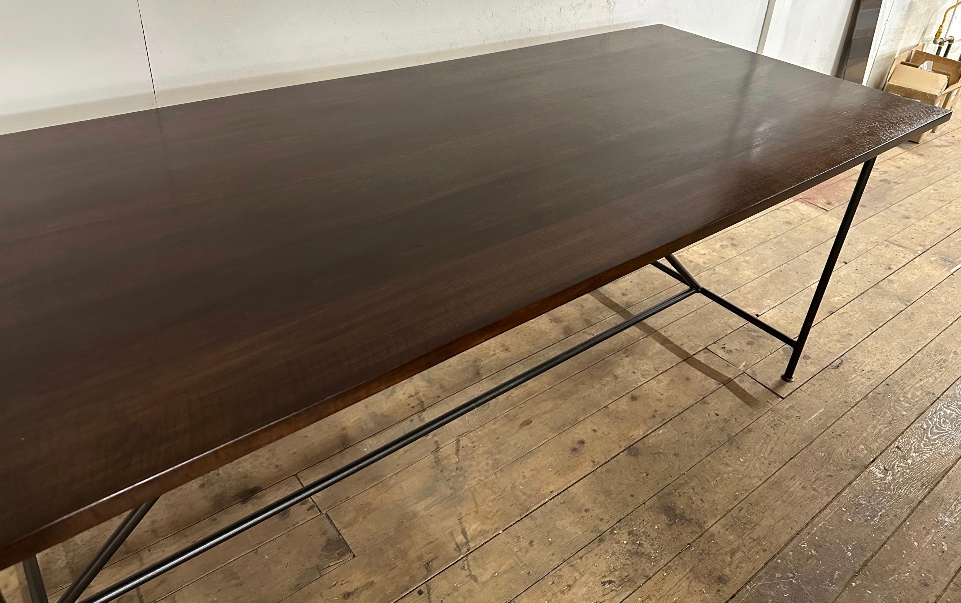 Contemporary Rectangular Walnut Plank Top Metal Base Dining Table For Sale