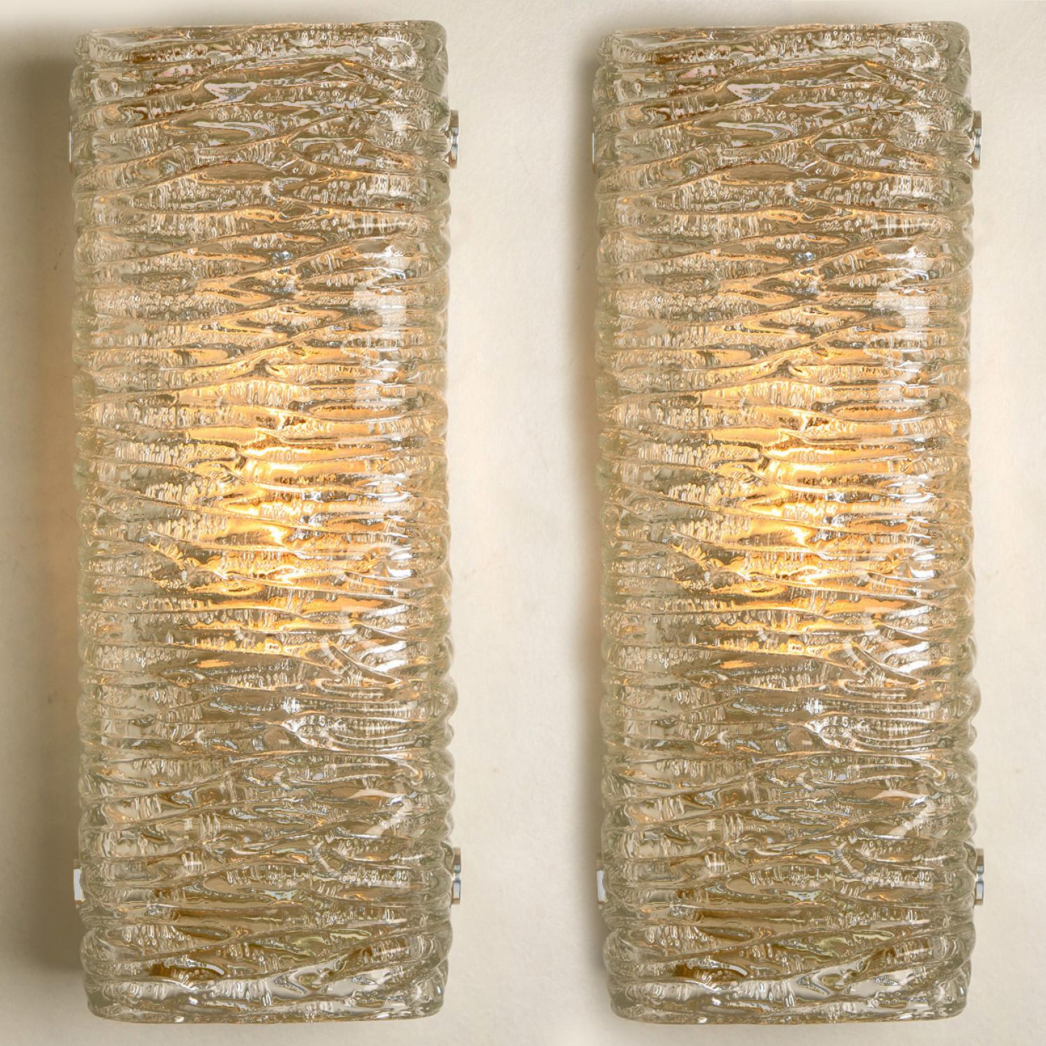 Austrian Rectangular Wave Glass and Brass Wall Lights by J.T. Kalmar, Austria, 1960s For Sale