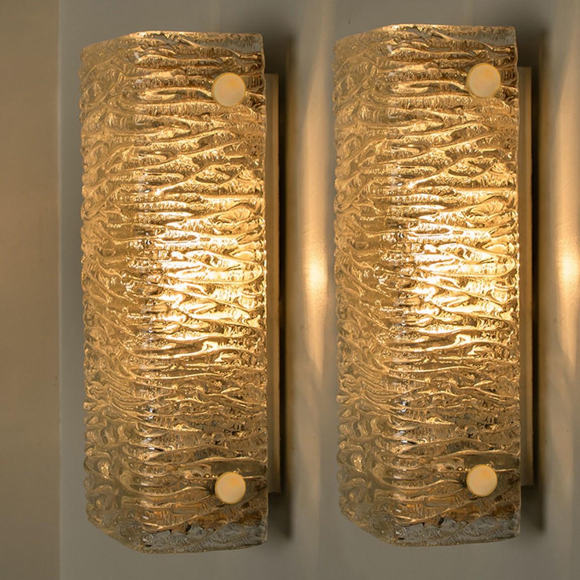 Rectangular Wave Glass and Brass Wall Lights by J.T. Kalmar, Austria, 1960s In Good Condition In Rijssen, NL