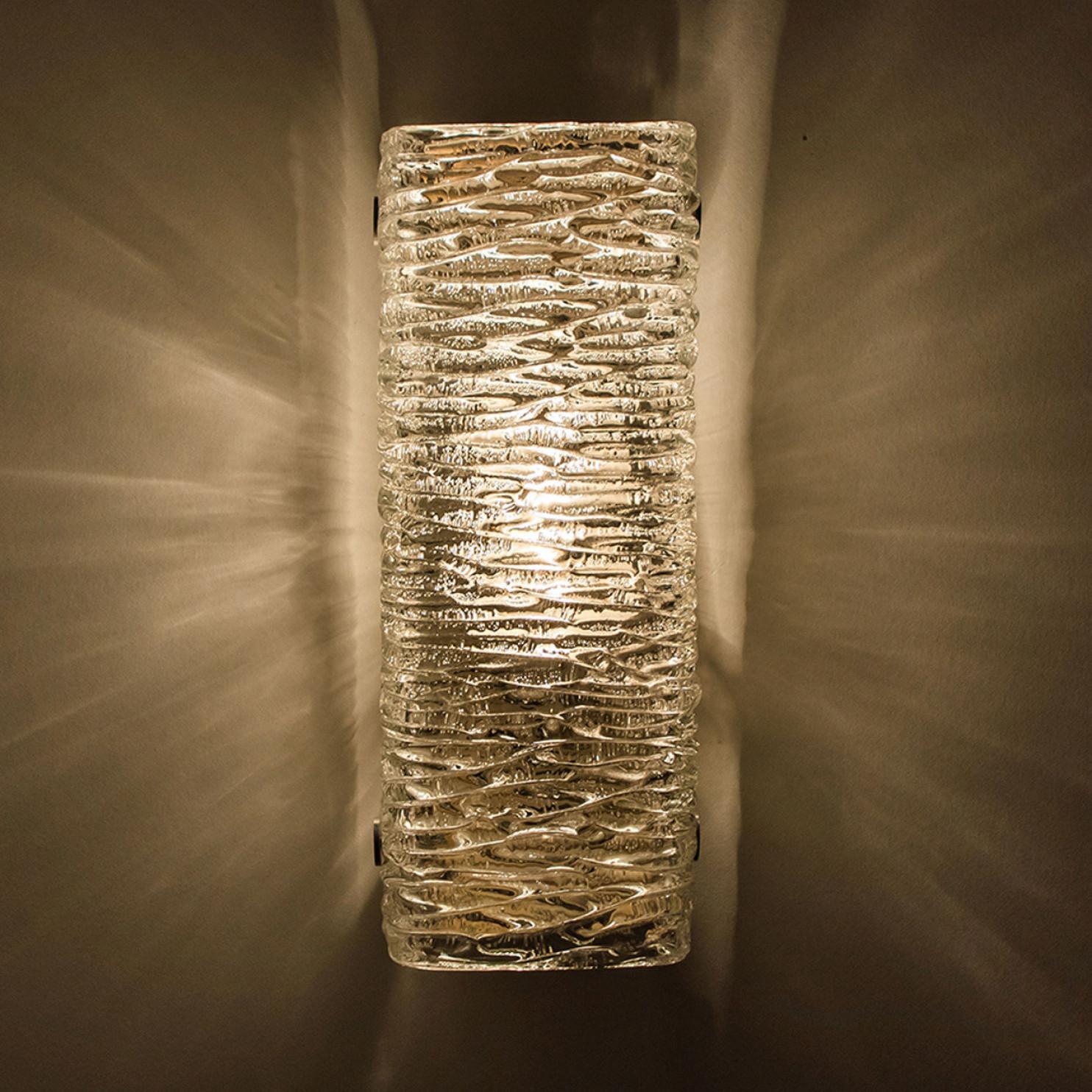 Mid-20th Century Rectangular Wave Glass and Brass Wall Lights by J.T. Kalmar, Austria, 1960s For Sale